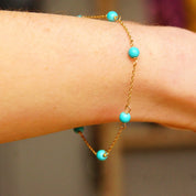 Vintage 14K Gold Turquoise Bead Station Bracelet, Dainty Loose Rope Chain, 4mm Turquoise Beads, 585 Jewelry, Opera Bracelet, 7" Long