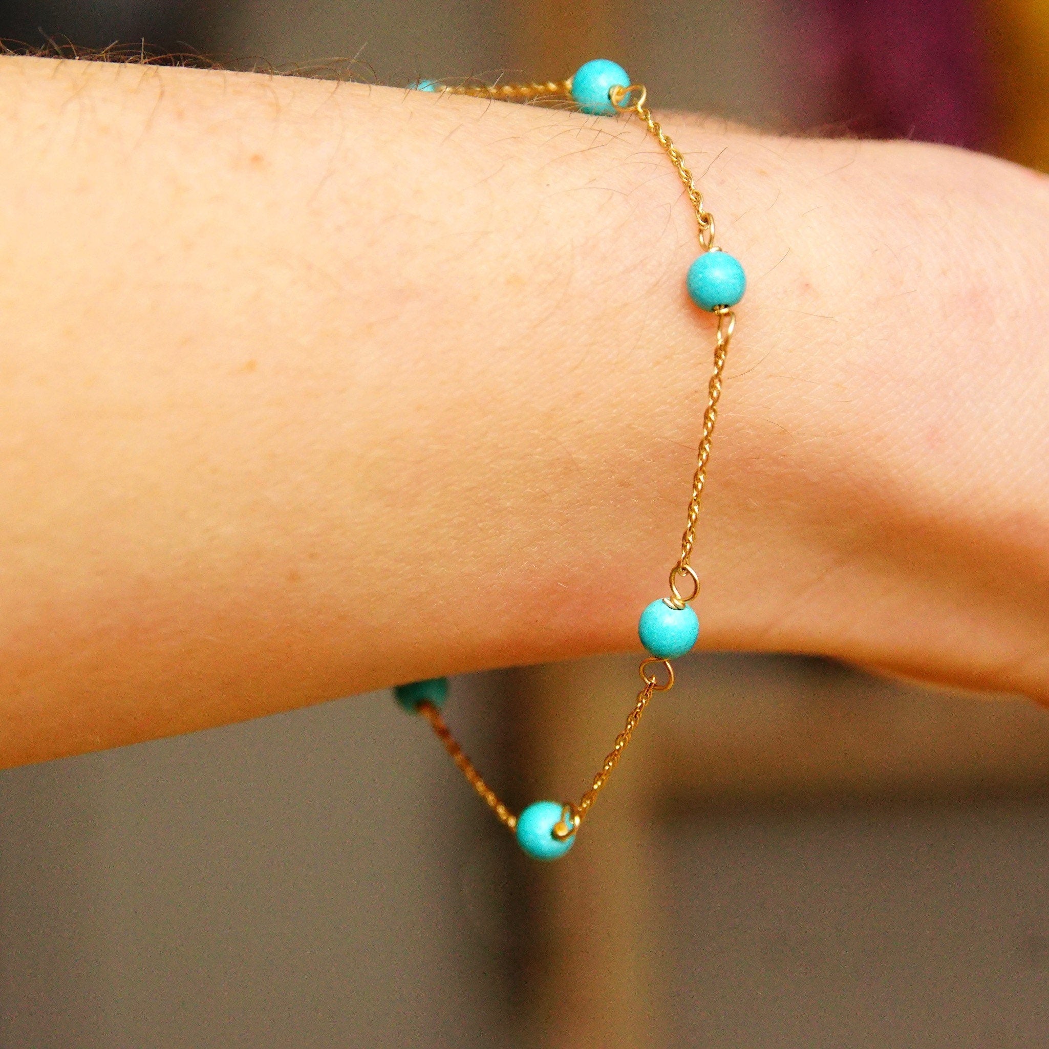 Vintage 14K Gold Turquoise Bead Station Bracelet, Dainty Loose Rope Chain, 4mm Turquoise Beads, 585 Jewelry, Opera Bracelet, 7" Long