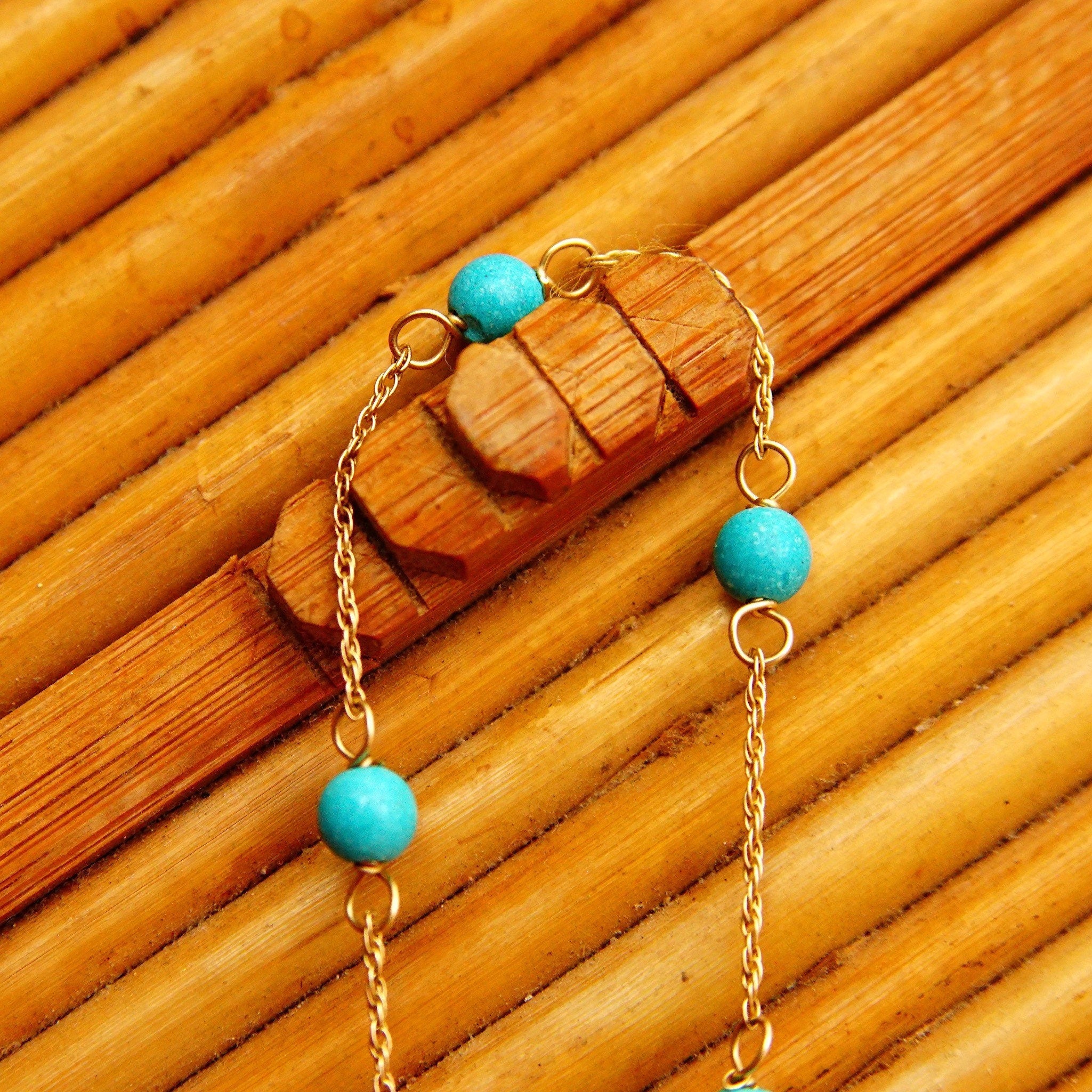 Vintage 14K Gold Turquoise Bead Station Bracelet, Dainty Loose Rope Chain, 4mm Turquoise Beads, 585 Jewelry, Opera Bracelet, 7" Long