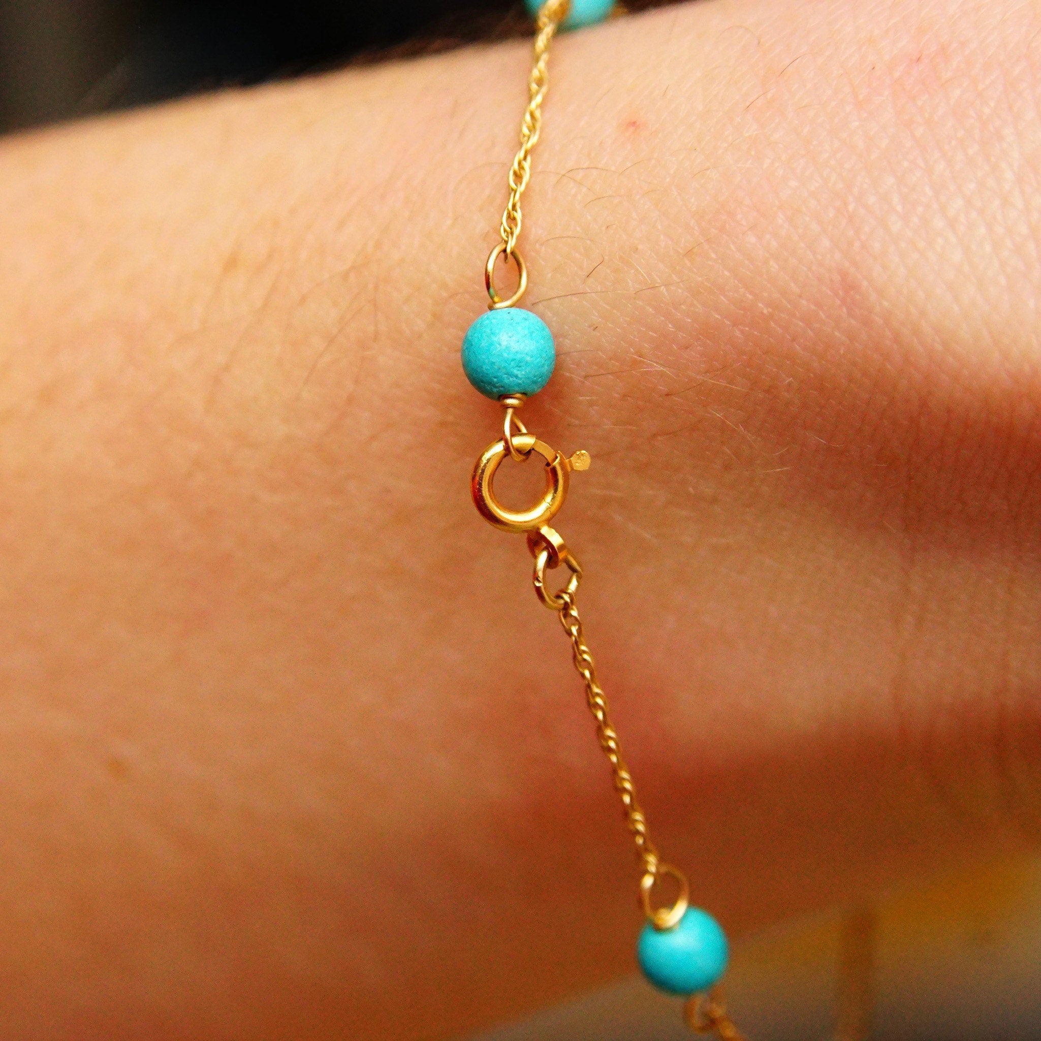 Vintage 14K Gold Turquoise Bead Station Bracelet, Dainty Loose Rope Chain, 4mm Turquoise Beads, 585 Jewelry, Opera Bracelet, 7" Long
