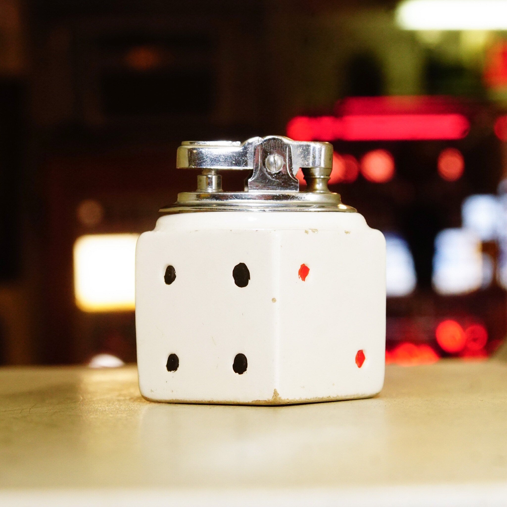 Vintage Ceramic Dice Table Lighter, Hollow 6-Sided Die, Refillable Butane Cartridge, Working Condition, 2 3/8" H