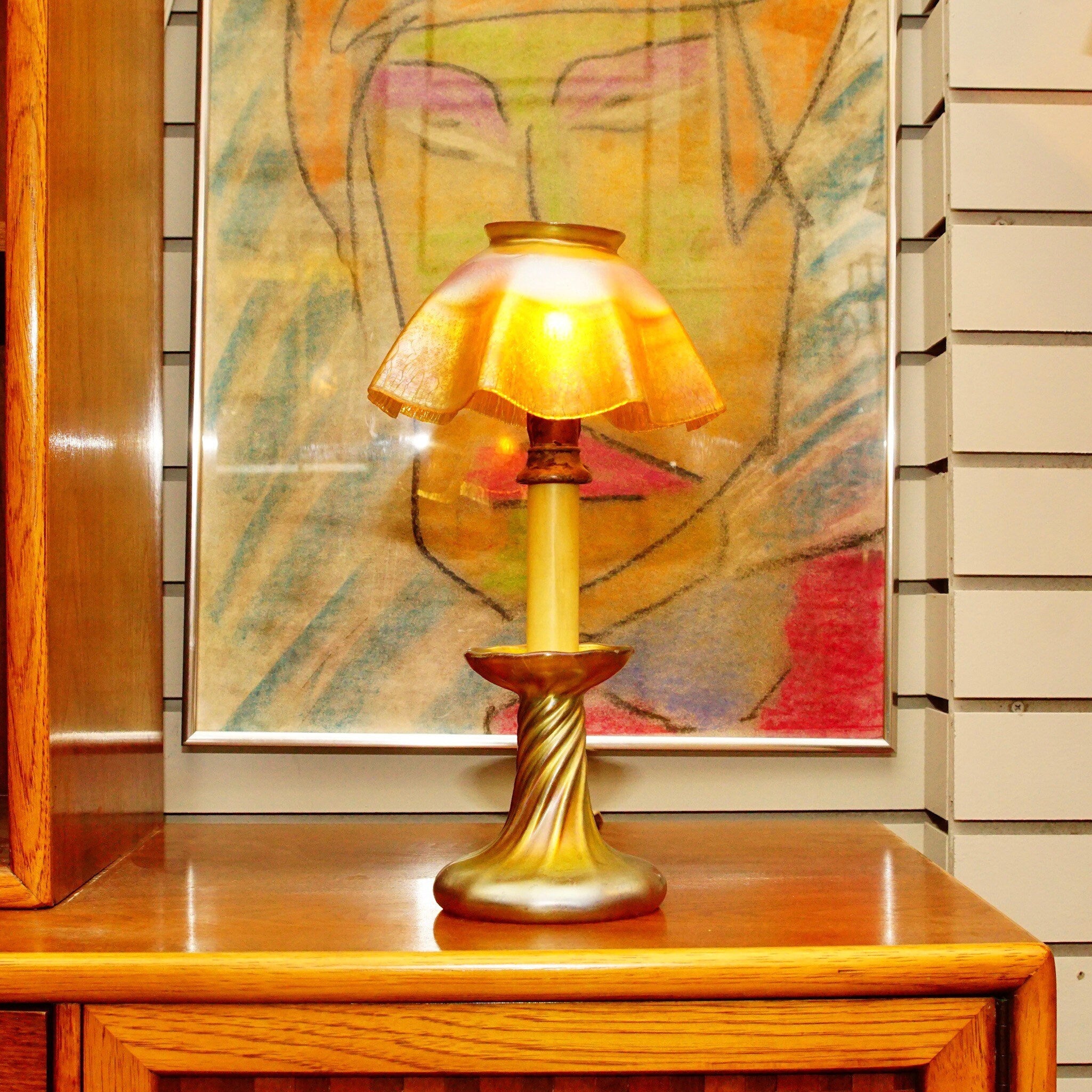 Signed TIFFANY Louis Comfort Favrile Iridescent Glass Candle Lamp LCT Working Condition, 12 1/2" Tall