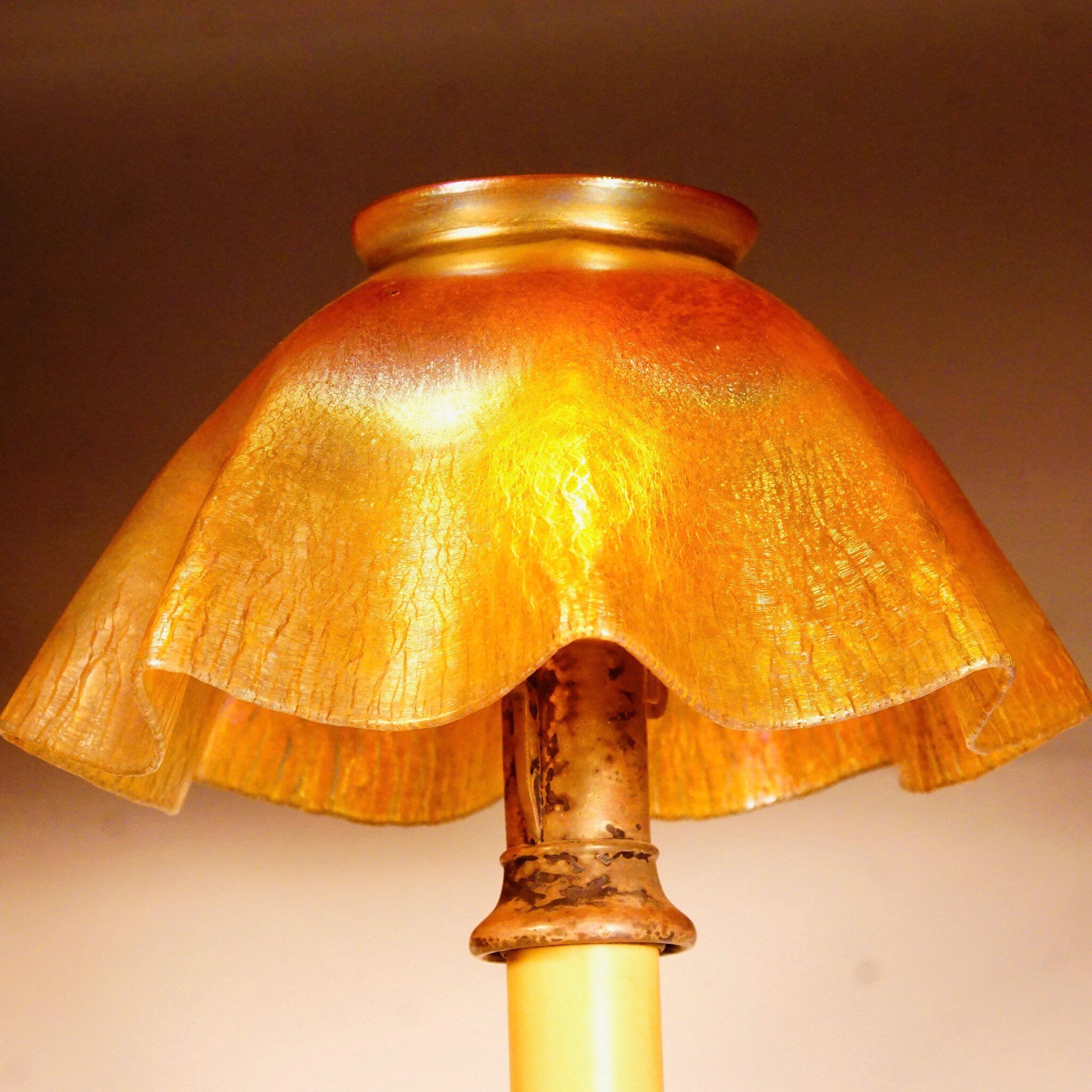 Signed TIFFANY Louis Comfort Favrile Iridescent Glass Candle Lamp LCT Working Condition, 12 1/2" Tall