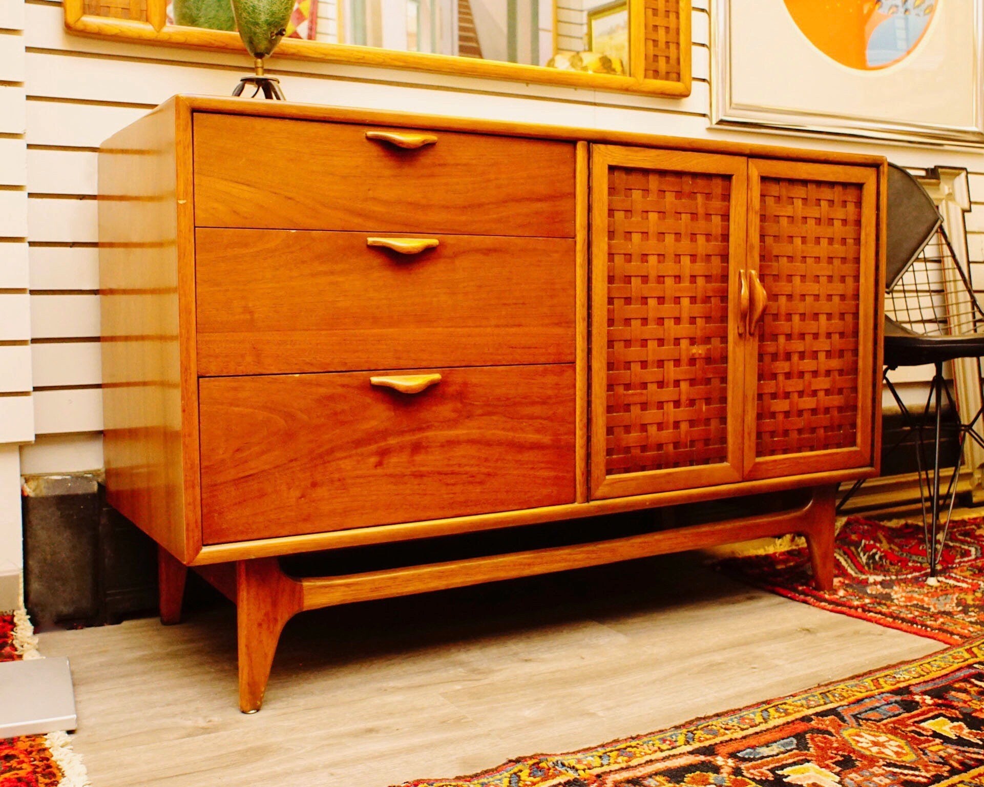 MCM Warren Church For LANE Perception Walnut/Oak Dining Set, 6-Seat Table W/ Leaf, Buffet Table, Wall Mirror, Sideboard Credenza & Hutch
