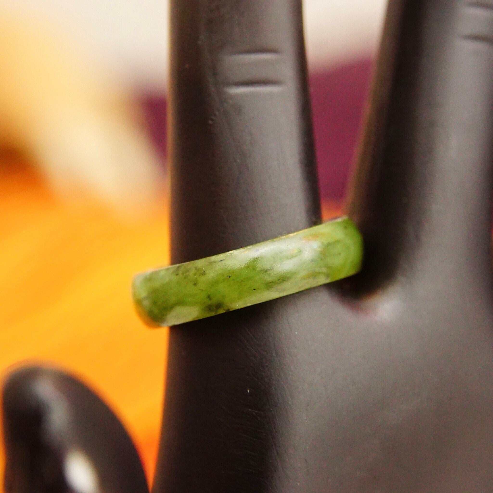 Vintage Solid Jadeite Jade Band Ring, Marbled Dark Green Gemstone, 5mm Rounded Stone Band, Stackable Jade Ring, Size 5 1/2 US