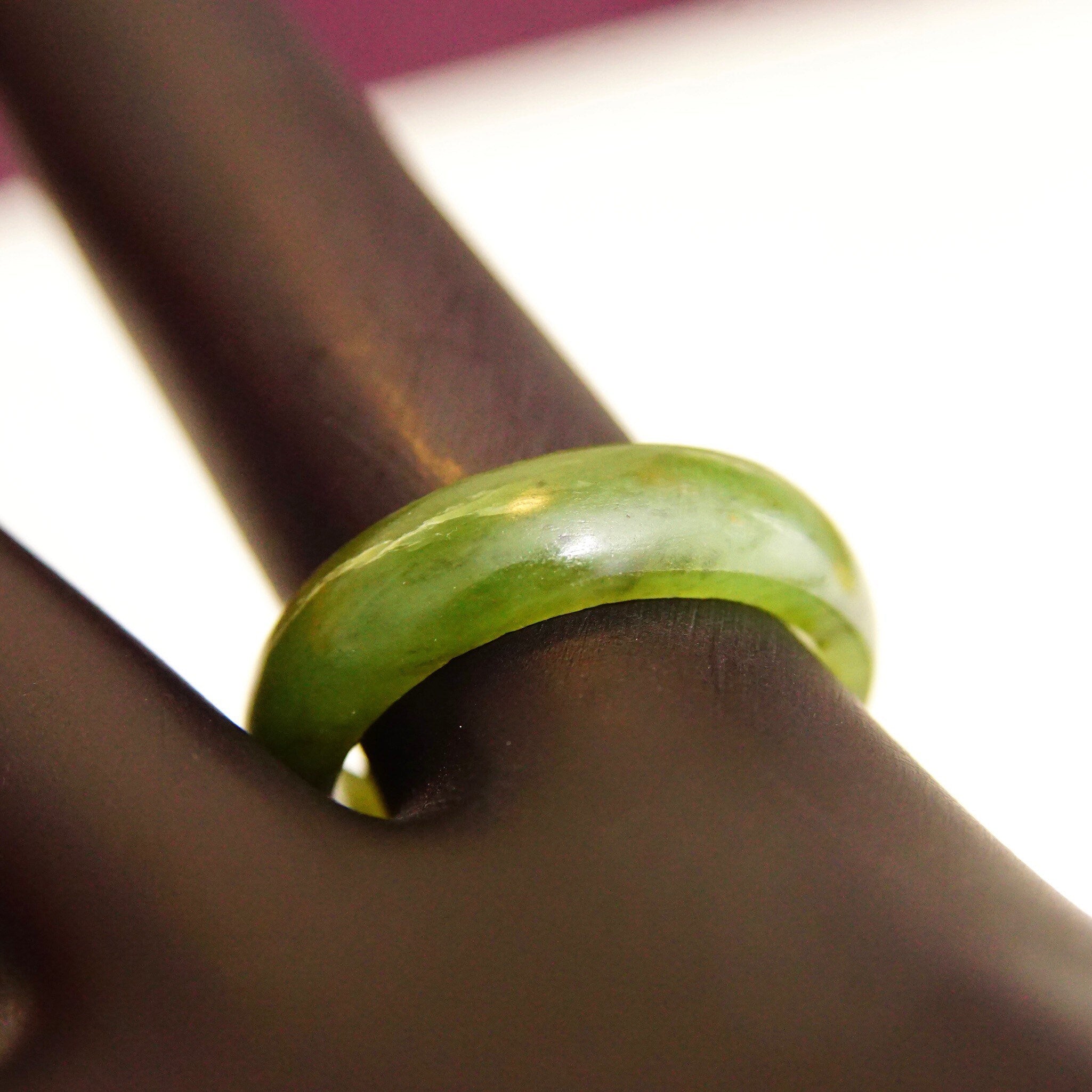 Vintage Solid Jadeite Jade Band Ring, Marbled Dark Green Gemstone, 5mm Rounded Stone Band, Stackable Jade Ring, Size 5 1/2 US