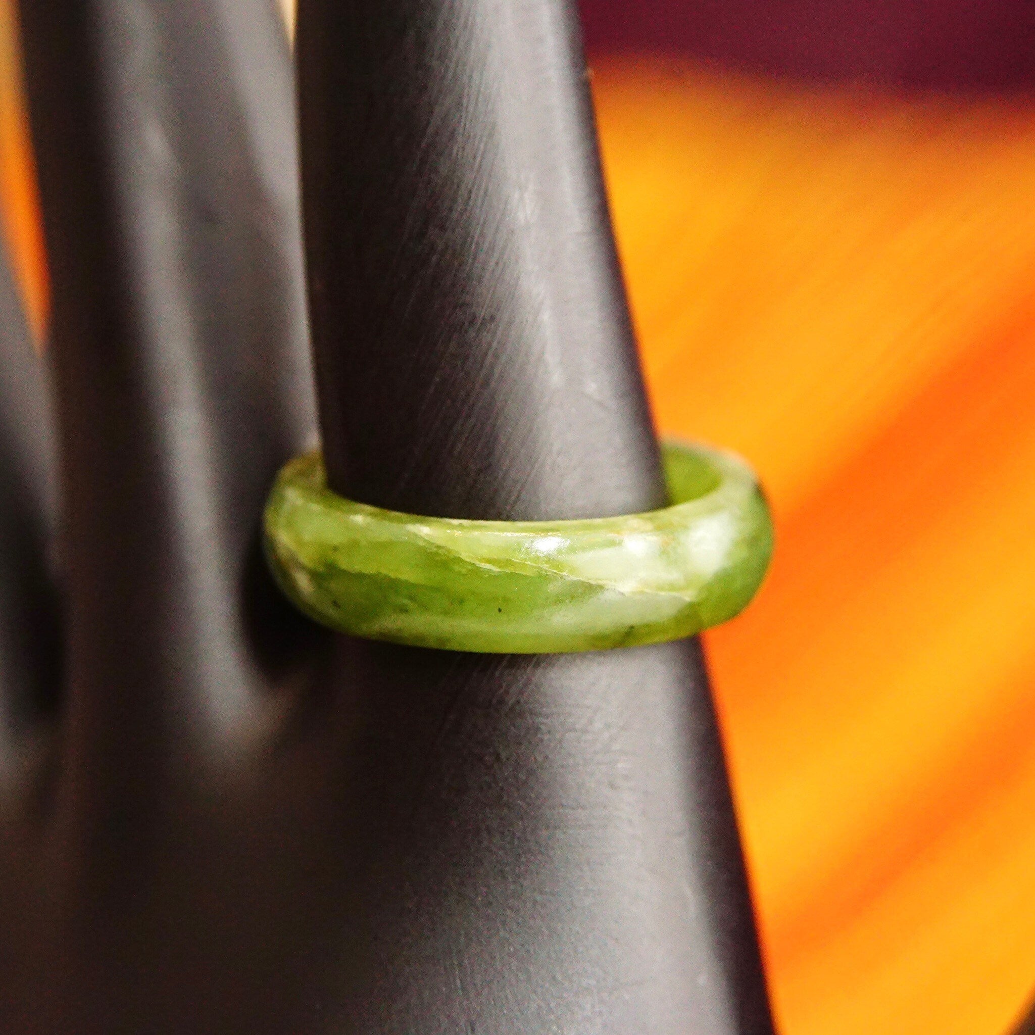 Vintage Solid Jadeite Jade Band Ring, Marbled Dark Green Gemstone, 5mm Rounded Stone Band, Stackable Jade Ring, Size 5 1/2 US