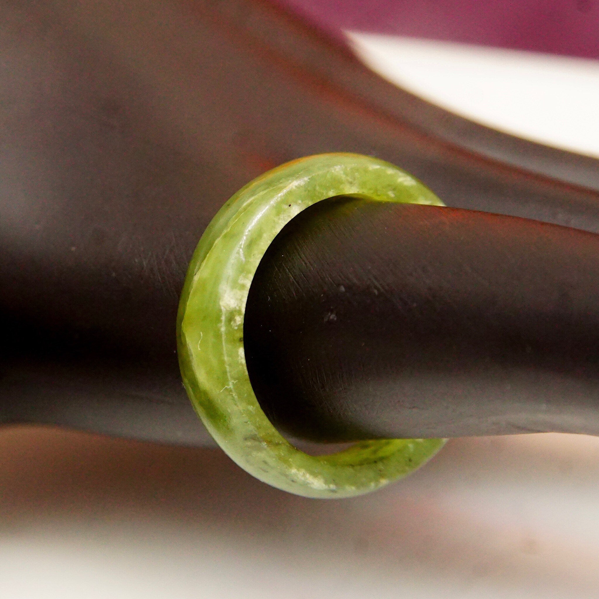 Vintage Solid Jadeite Jade Band Ring, Marbled Dark Green Gemstone, 5mm Rounded Stone Band, Stackable Jade Ring, Size 5 1/2 US