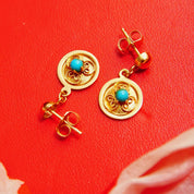 Vintage 14K Gold Filigree Turquoise Accent Dangle Earrings, Yellow Gold Discs, Prong Set Turquoise Bead, 21mm