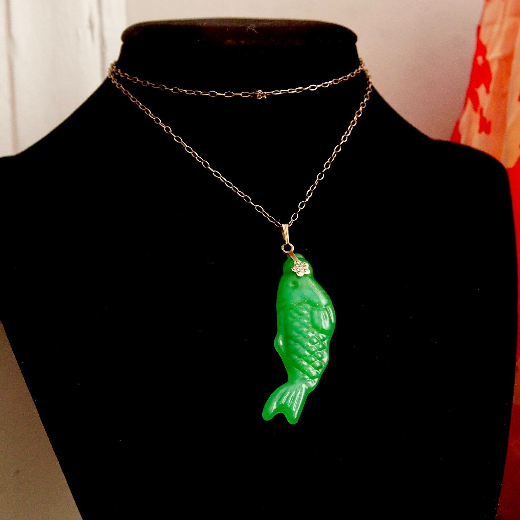 Vintage Carved Green Jadeite Jade Fish Pendant, Vibrant Green Jade Stone, Relief Scale Designs, Silver Necklace Bail, 2 1/4" L,