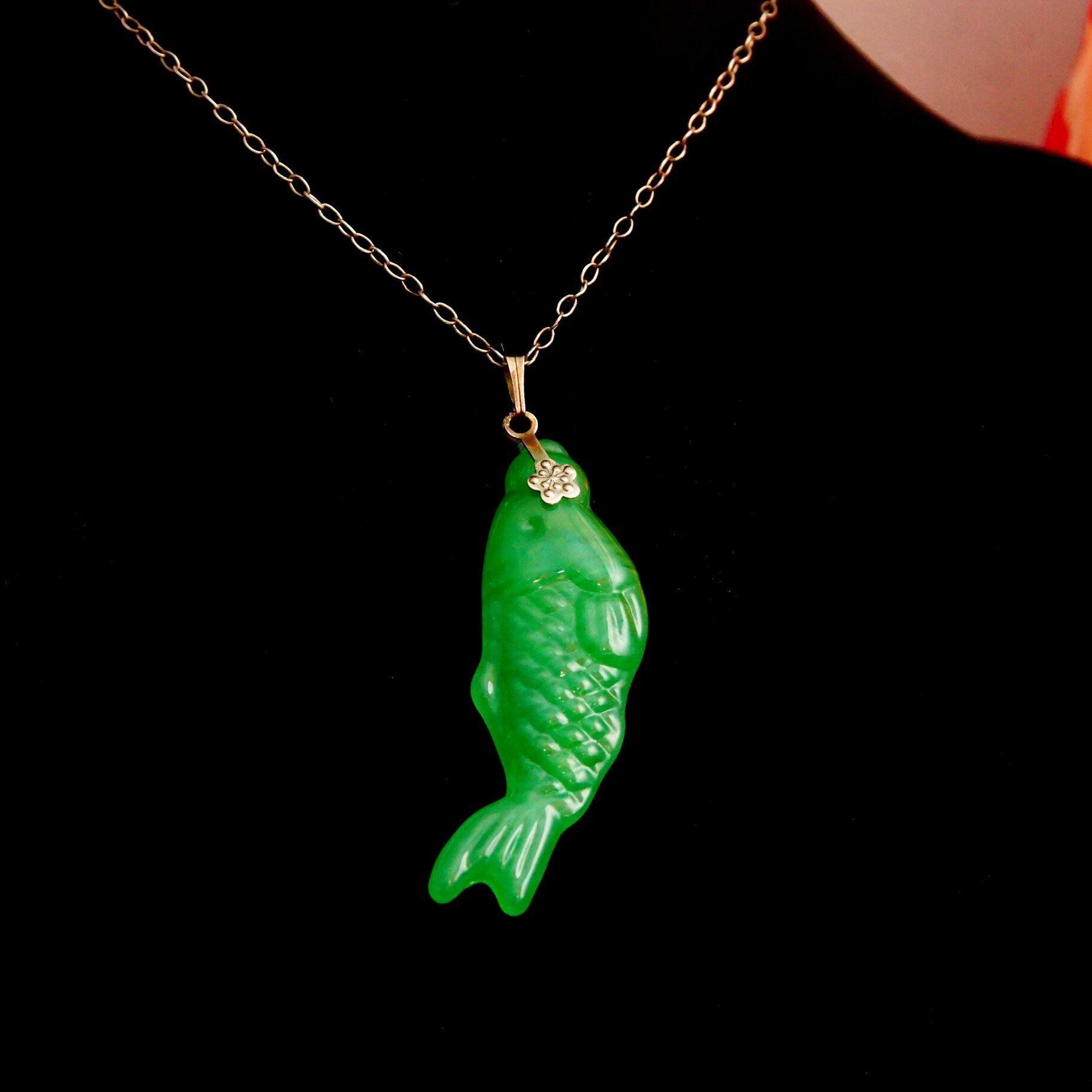 Vintage Carved Green Jadeite Jade Fish Pendant, Vibrant Green Jade Stone, Relief Scale Designs, Silver Necklace Bail, 2 1/4" L,