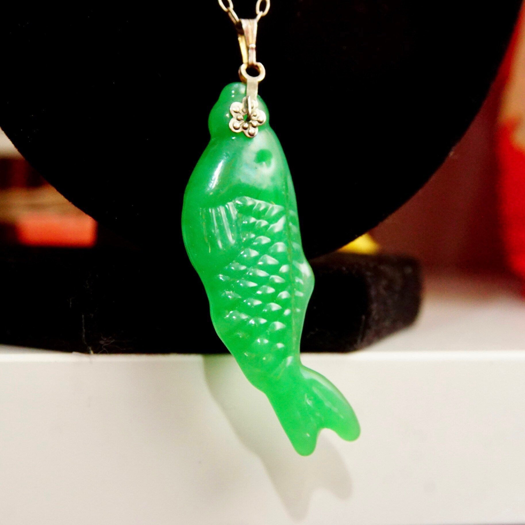 Vintage Carved Green Jadeite Jade Fish Pendant, Vibrant Green Jade Stone, Relief Scale Designs, Silver Necklace Bail, 2 1/4" L,
