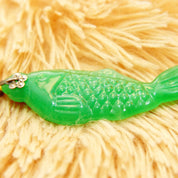 Vintage Carved Green Jadeite Jade Fish Pendant, Vibrant Green Jade Stone, Relief Scale Designs, Silver Necklace Bail, 2 1/4" L,