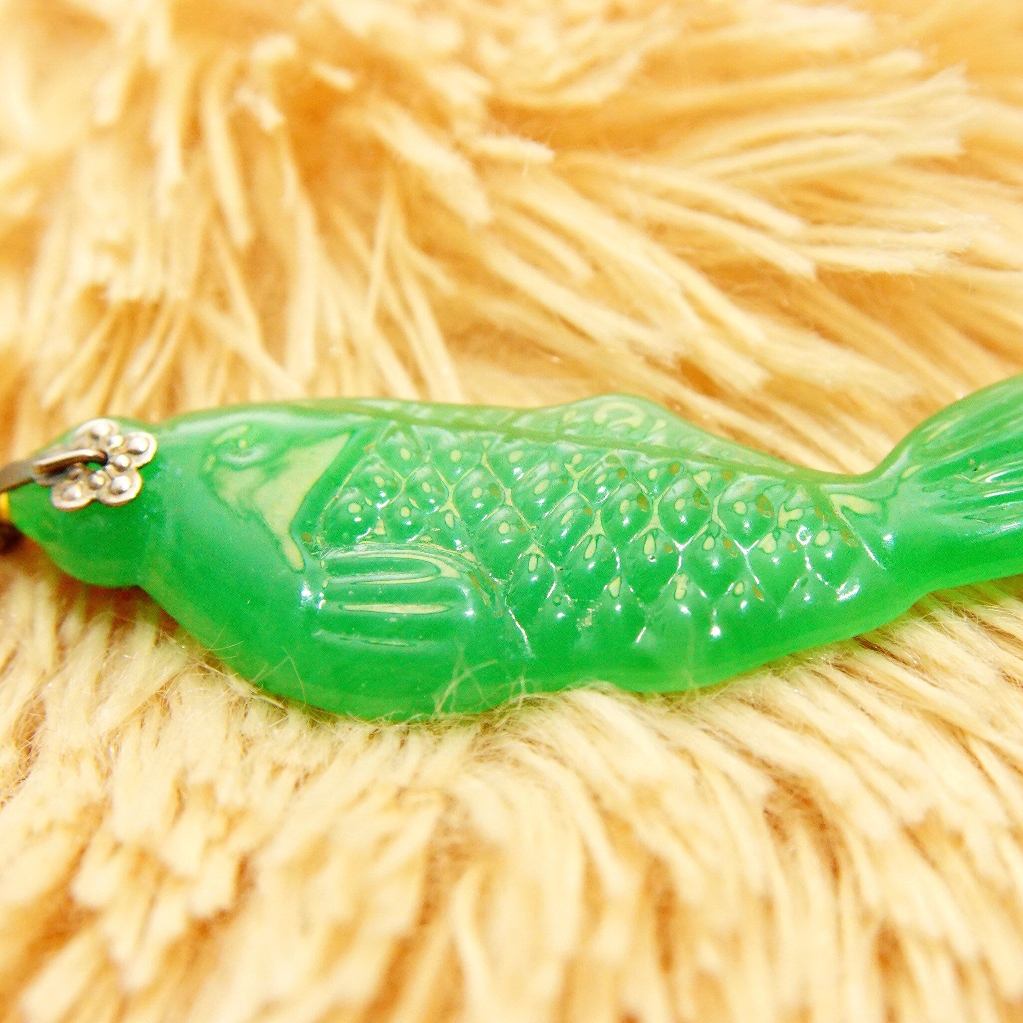 Vintage Carved Green Jadeite Jade Fish Pendant, Vibrant Green Jade Stone, Relief Scale Designs, Silver Necklace Bail, 2 1/4" L,