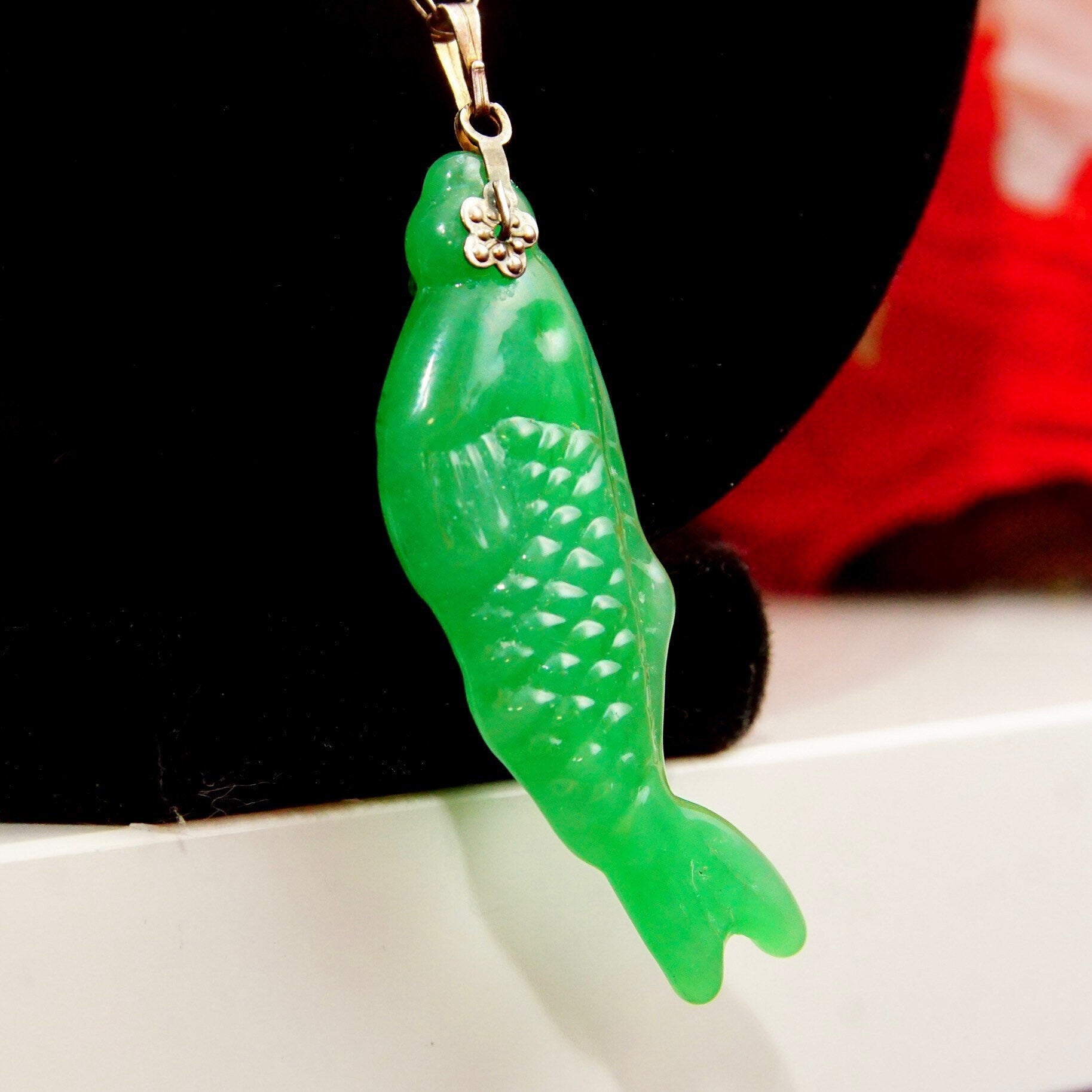 Vintage Carved Green Jadeite Jade Fish Pendant, Vibrant Green Jade Stone, Relief Scale Designs, Silver Necklace Bail, 2 1/4" L,