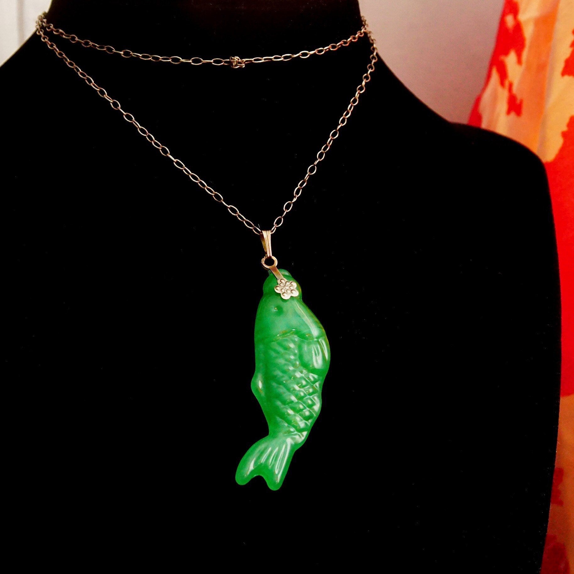 Vintage Carved Green Jadeite Jade Fish Pendant, Vibrant Green Jade Stone, Relief Scale Designs, Silver Necklace Bail, 2 1/4" L,