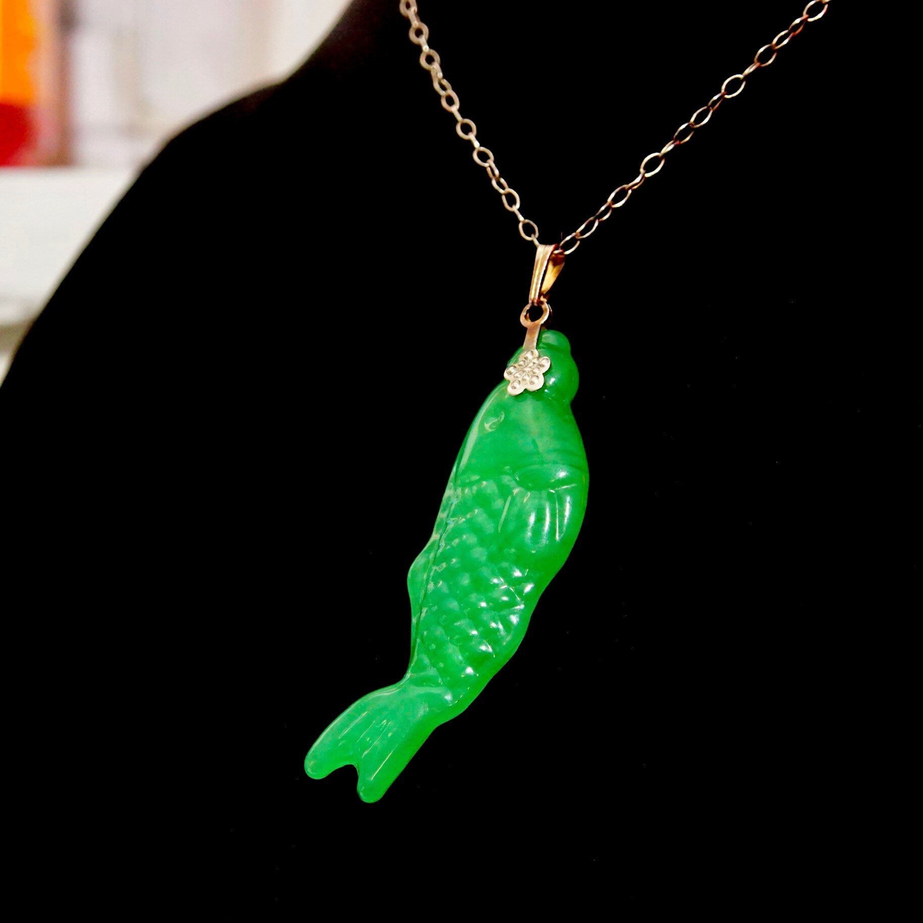 Vintage Carved Green Jadeite Jade Fish Pendant, Vibrant Green Jade Stone, Relief Scale Designs, Silver Necklace Bail, 2 1/4" L,