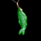 Vintage Carved Green Jadeite Jade Fish Pendant, Vibrant Green Jade Stone, Relief Scale Designs, Silver Necklace Bail, 2 1/4" L,