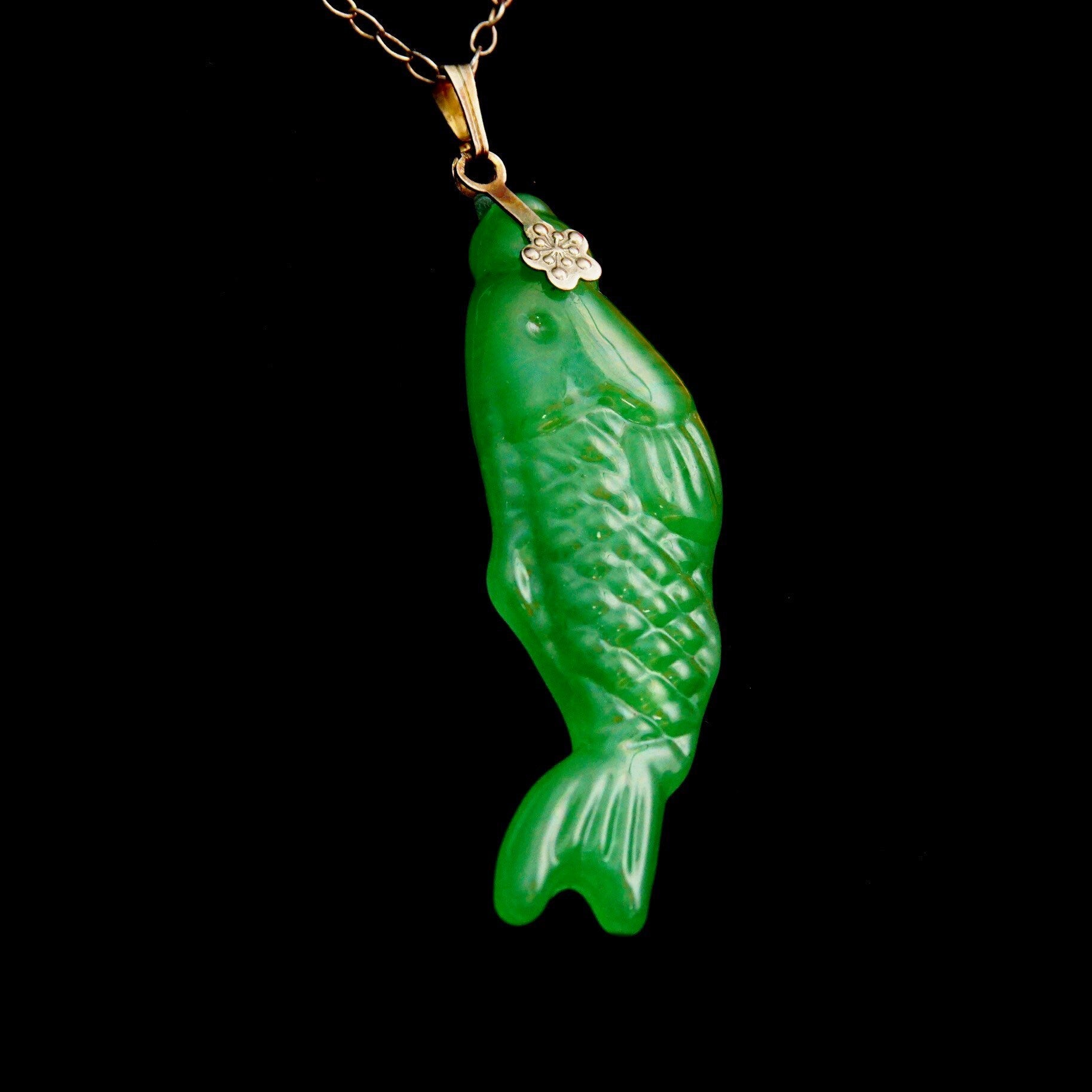Vintage Carved Green Jadeite Jade Fish Pendant, Vibrant Green Jade Stone, Relief Scale Designs, Silver Necklace Bail, 2 1/4" L,