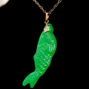 Vintage Carved Green Jadeite Jade Fish Pendant, Vibrant Green Jade Stone, Relief Scale Designs, Silver Necklace Bail, 2 1/4" L,
