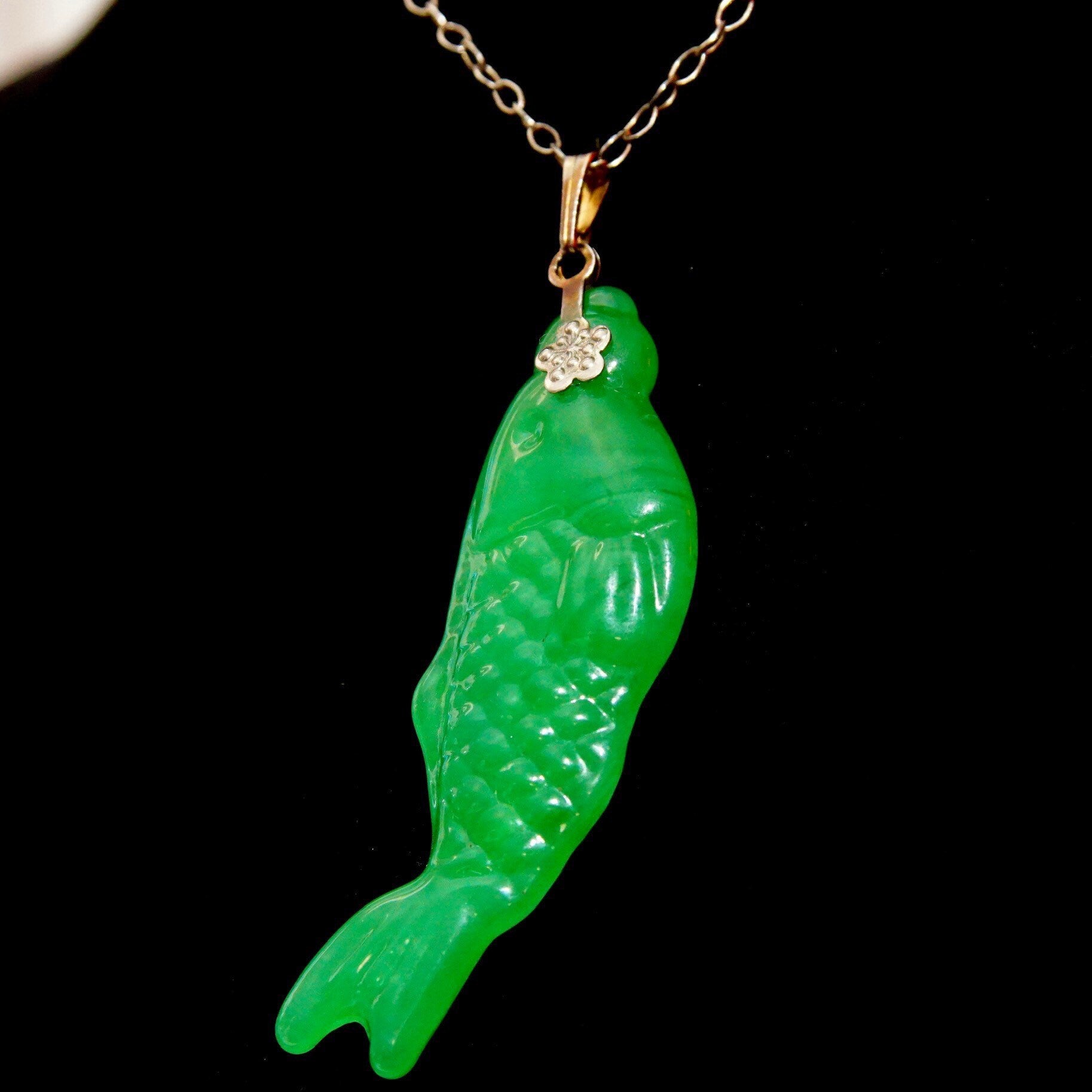 Vintage Carved Green Jadeite Jade Fish Pendant, Vibrant Green Jade Stone, Relief Scale Designs, Silver Necklace Bail, 2 1/4" L,