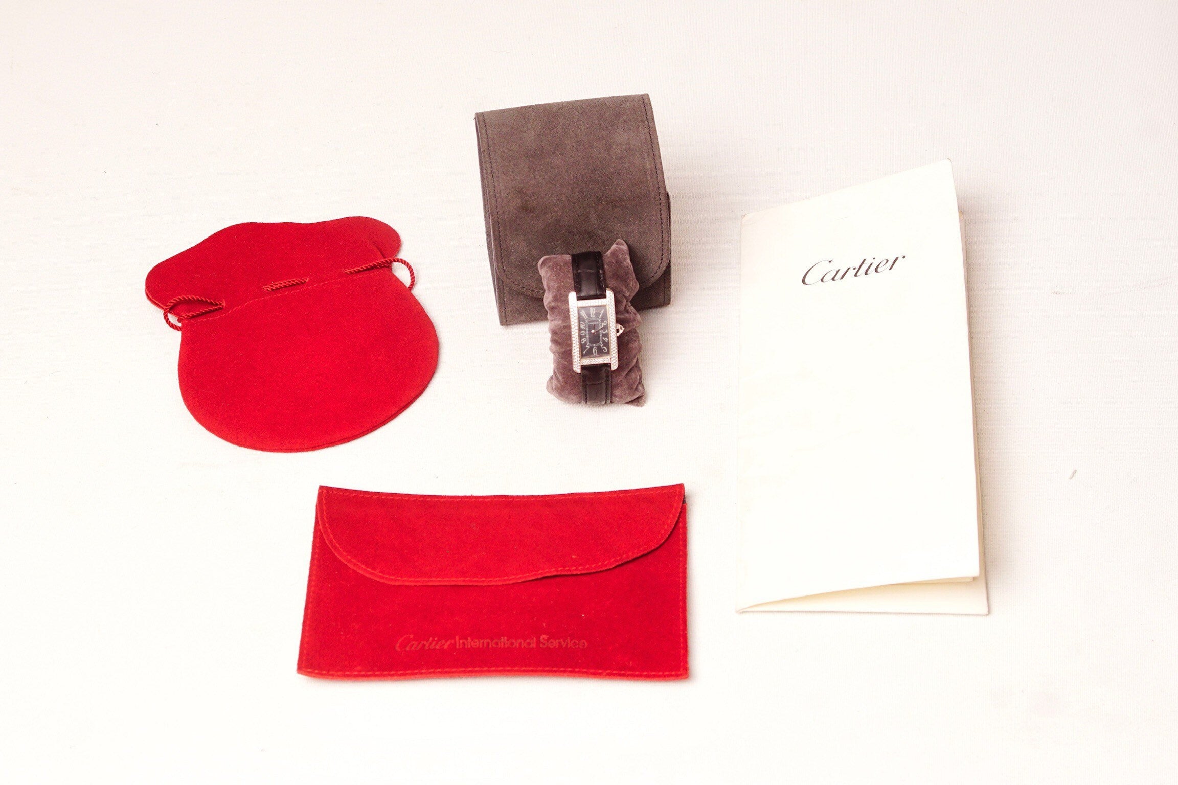 Cartier 18K White Gold Diamond Ladies Wrist Watch, Quartz Tank Americaine 2489, Leather Bands, 4-Jewel Movement, Original Box & Paperwork