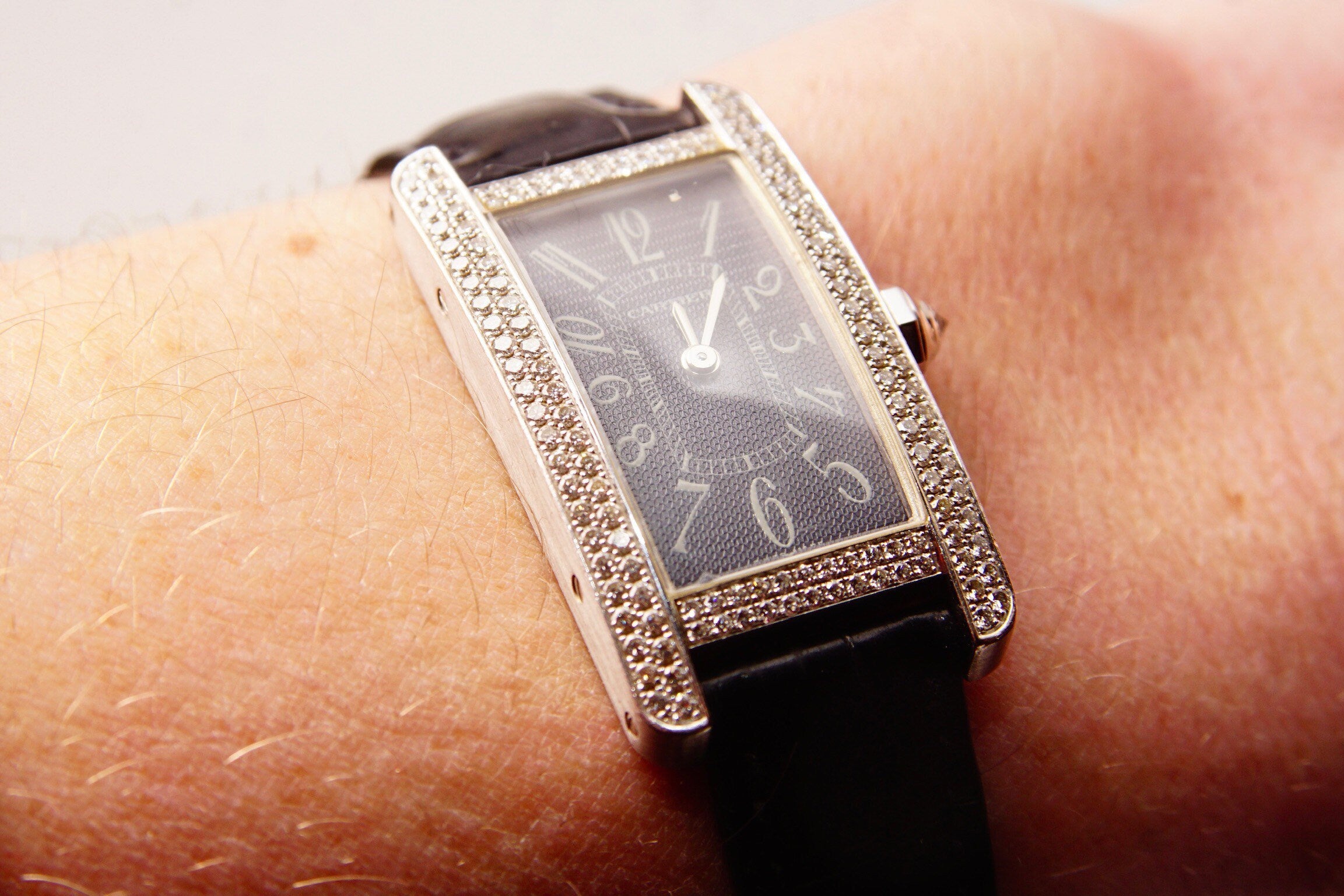 Cartier 18K White Gold Diamond Ladies Wrist Watch, Quartz Tank Americaine 2489, Leather Bands, 4-Jewel Movement, Original Box & Paperwork