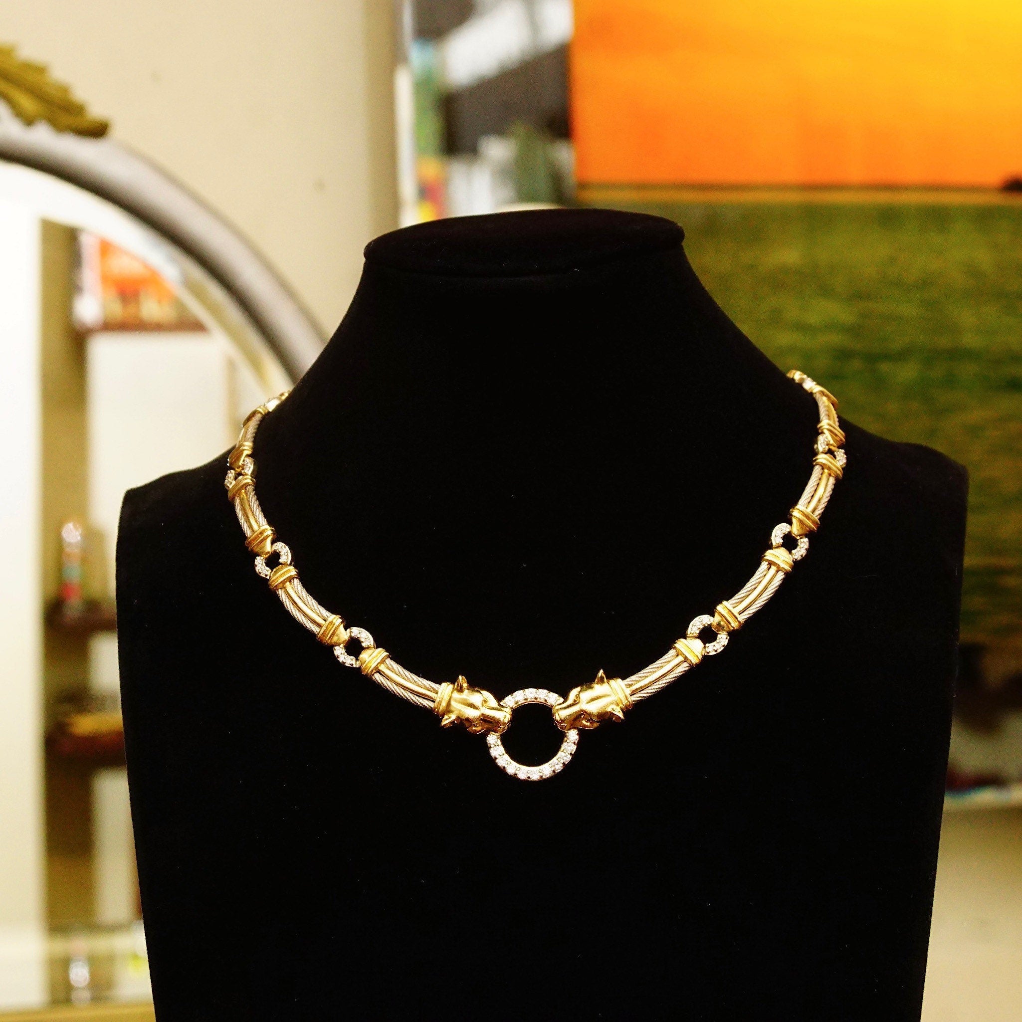 14K Diamond Panther Knocker Collar Necklace, Diamond Encrusted Pendant & Chain, 1.56 TCW, Solid 585 Gold, 16 1/4" L