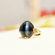 Antique 10K GF Cat's Eye Cabochon Ring, Ornate Fleur Prong Clips, Chatoyant Sillimanite Gemstone, Size 7 1/2 US