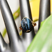 Antique 10K GF Cat's Eye Cabochon Ring, Ornate Fleur Prong Clips, Chatoyant Sillimanite Gemstone, Size 7 1/2 US