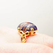 Vintage 10K GF Lapis Lazuli Cabochon Ring, Dark Blue Gemstone W/ Inclusions, Yellow Gold Ribbon Embellishments, Size 8 US