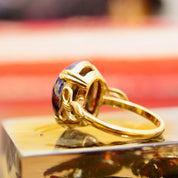 Vintage 10K GF Lapis Lazuli Cabochon Ring, Dark Blue Gemstone W/ Inclusions, Yellow Gold Ribbon Embellishments, Size 8 US