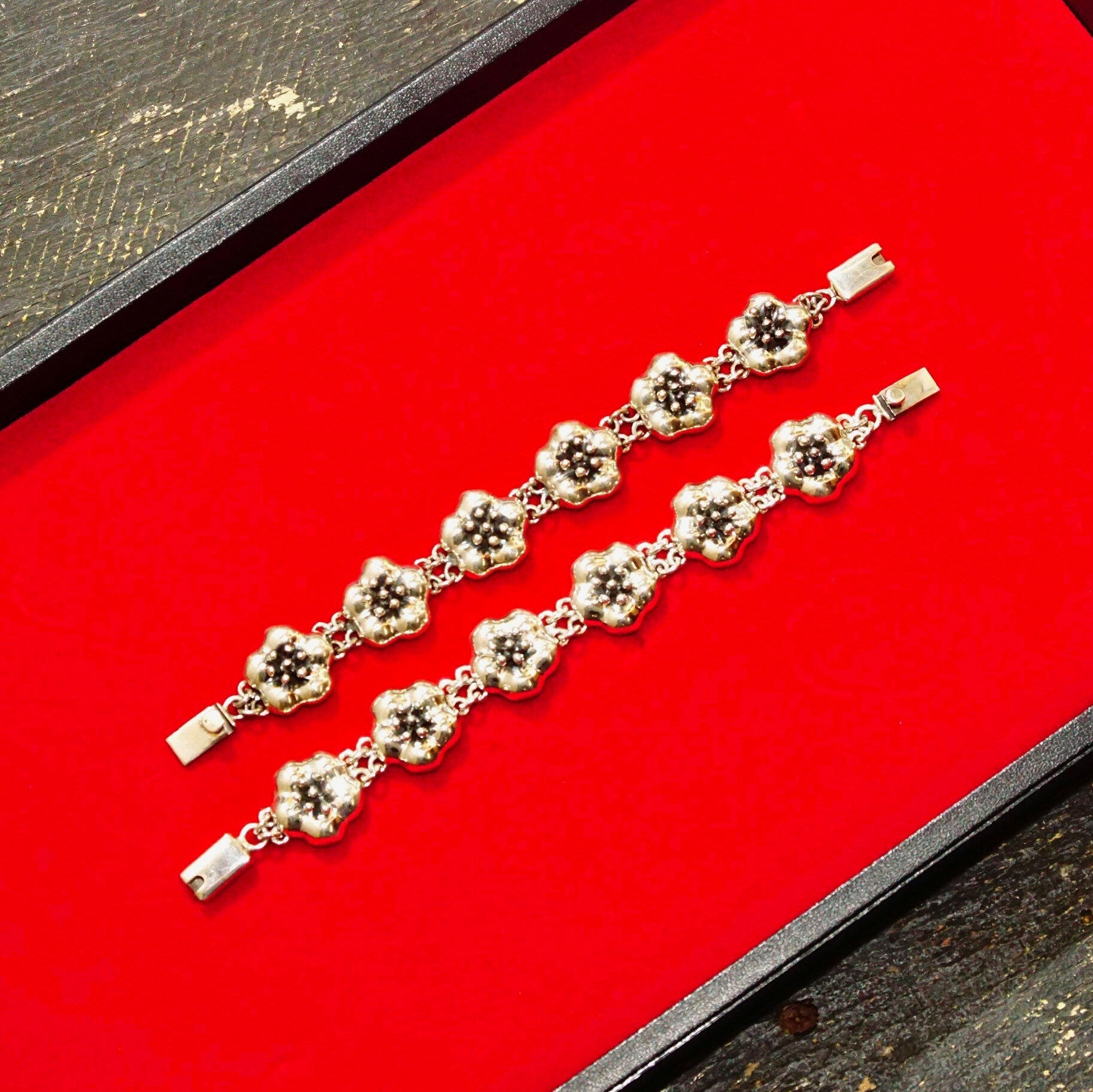 Vintage TAXCO Sterling Silver Hibiscus Flower Jewelry, Bib Necklace, Necklace Pendant, Link Bracelets, Flower Stud Earrings, C-11 MEXICO 925