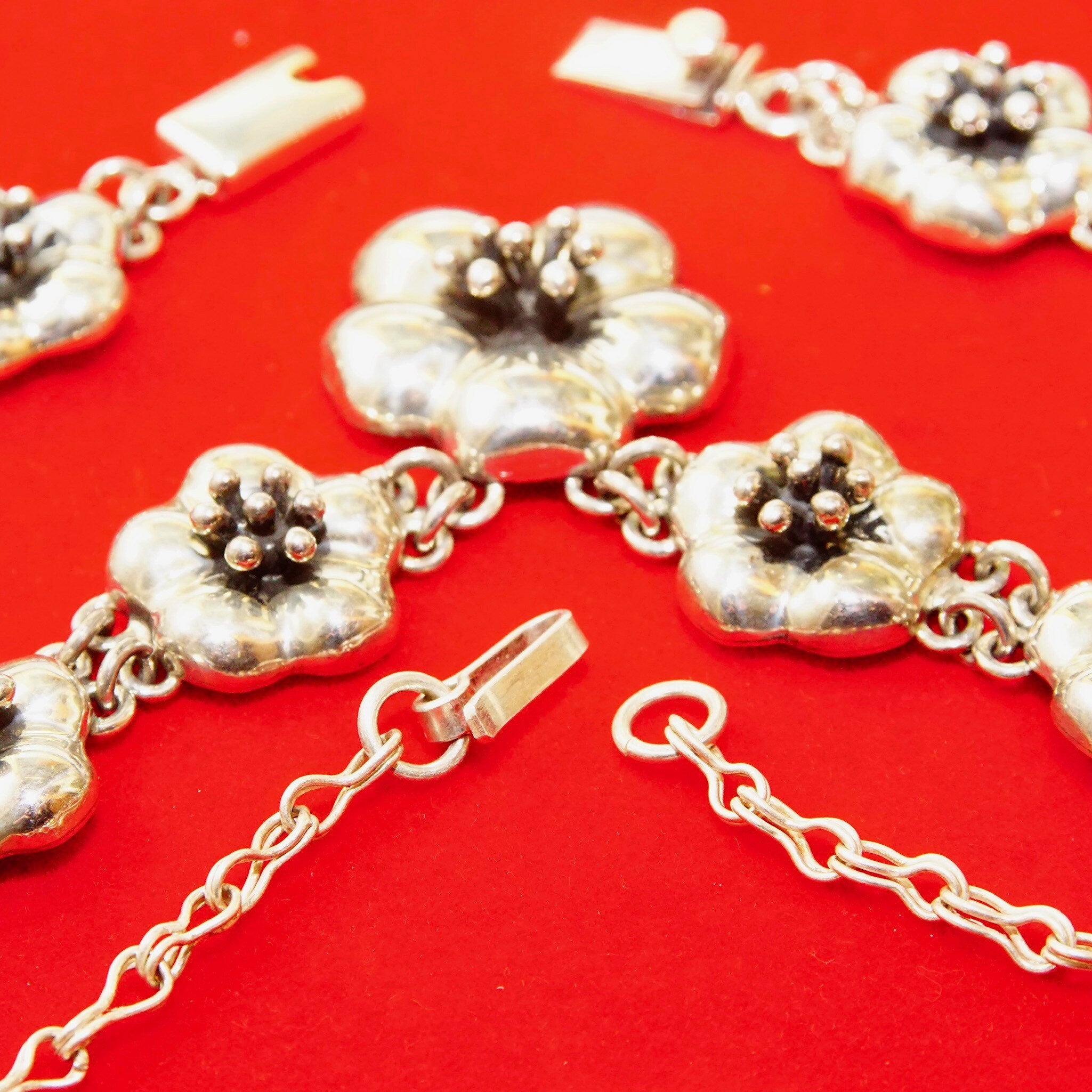 Vintage TAXCO Sterling Silver Hibiscus Flower Jewelry, Bib Necklace, Necklace Pendant, Link Bracelets, Flower Stud Earrings, C-11 MEXICO 925