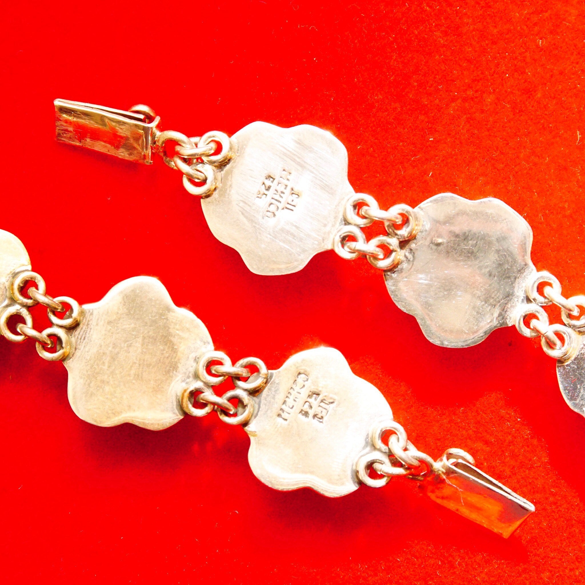 Vintage TAXCO Sterling Silver Hibiscus Flower Jewelry, Bib Necklace, Necklace Pendant, Link Bracelets, Flower Stud Earrings, C-11 MEXICO 925