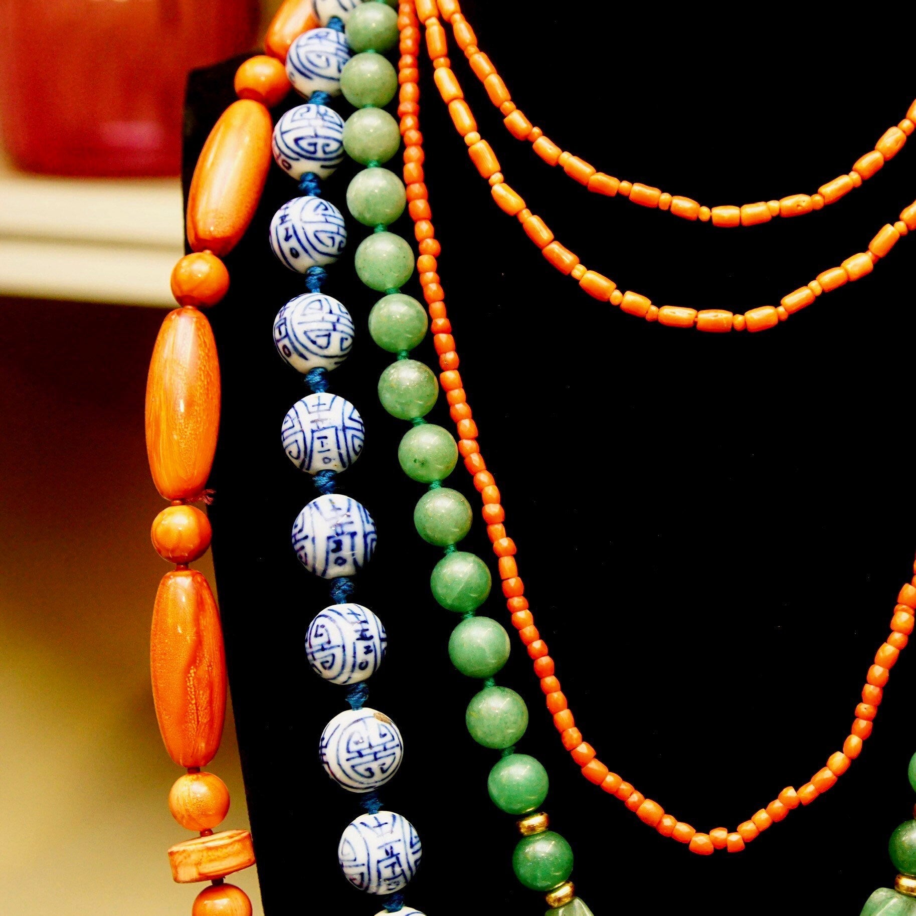 Vintage Chunky Bead Necklaces, Hand-Cut Coral Beads, Chinese Blue & White Porcelain Beads, Green Aventurine Necklace, Faux Coral Necklace