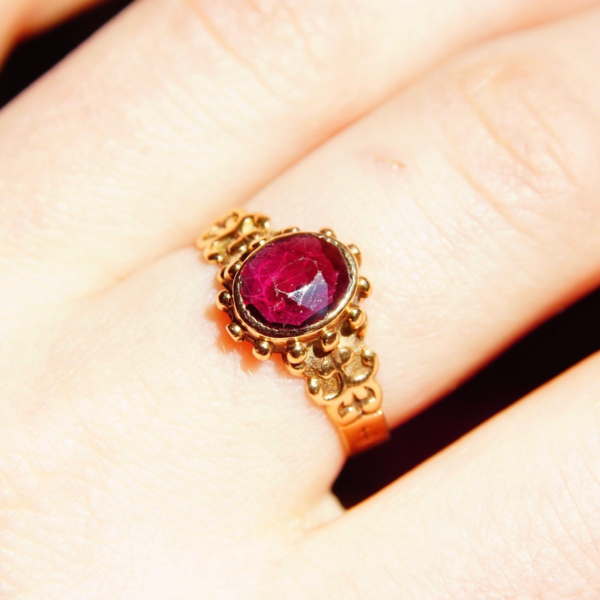 Vintage 10K Gold Garnet Ring, Faceted Gemstone Signet Ring, Decorated Yellow Gold Band, Stackable Ring, Size 8 3/4 US