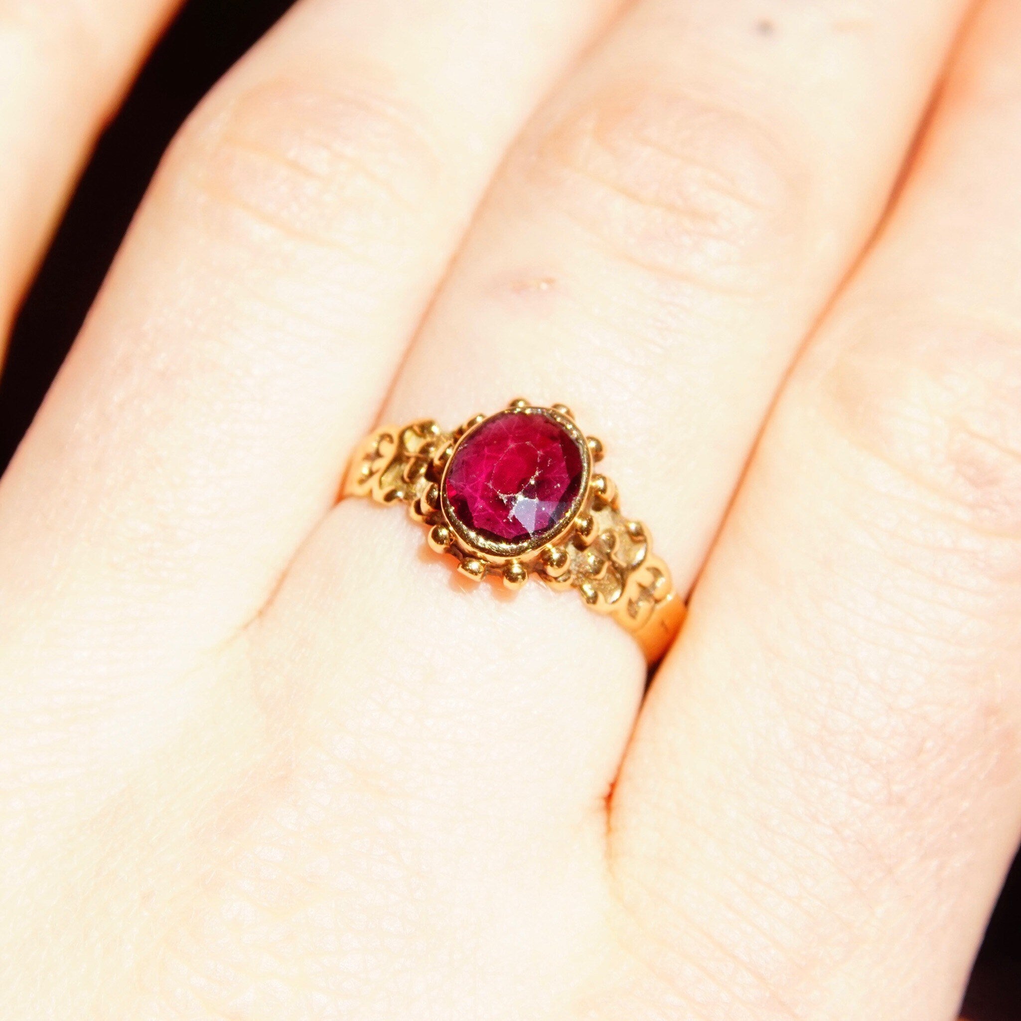 Vintage 10K Gold Garnet Ring, Faceted Gemstone Signet Ring, Decorated Yellow Gold Band, Stackable Ring, Size 8 3/4 US