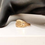 Antique Art Deco 10K Gold Plated Monogram Signet Ring, Engraved Shield Emblem, Floral Embellishments, Antique Gold Luster, Size 7 1/2 US