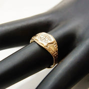 Antique Art Deco 10K Gold Plated Monogram Signet Ring, Engraved Shield Emblem, Floral Embellishments, Antique Gold Luster, Size 7 1/2 US