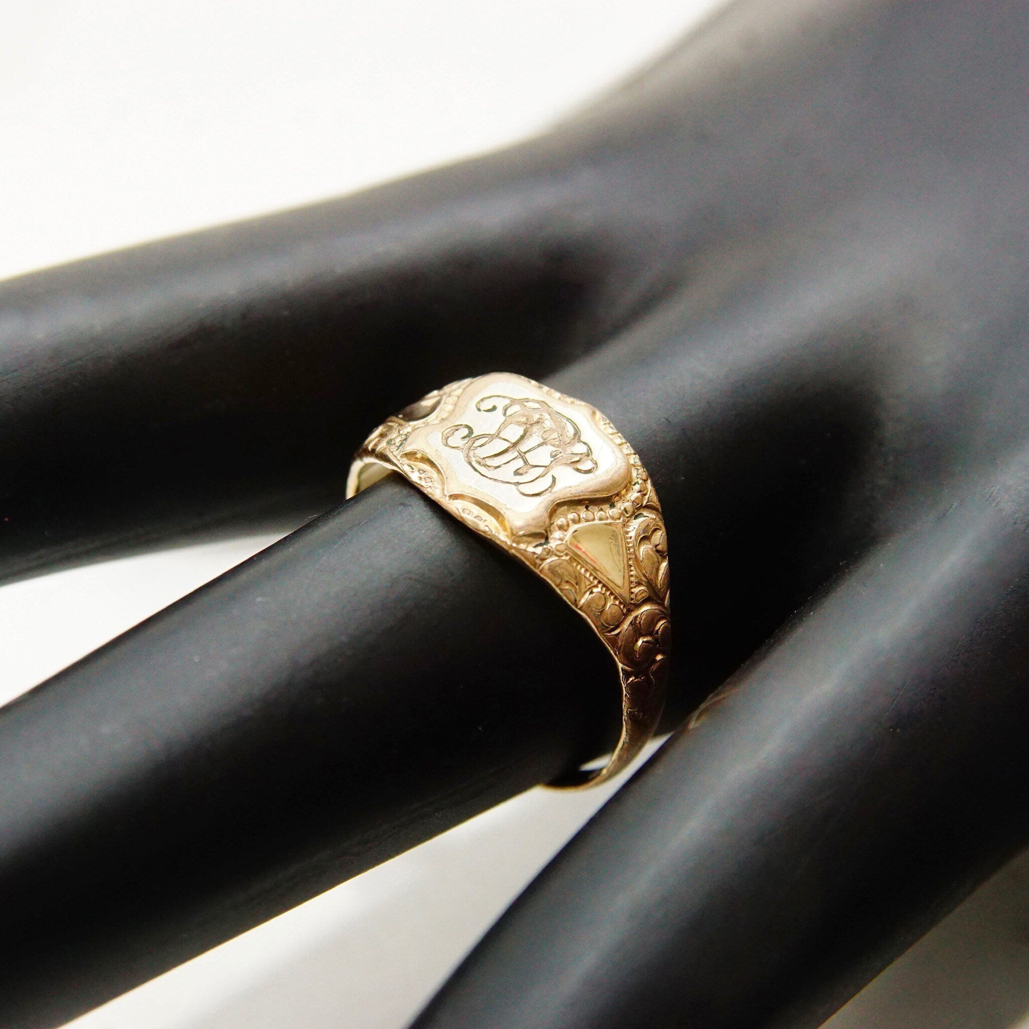 Antique Art Deco 10K Gold Plated Monogram Signet Ring, Engraved Shield Emblem, Floral Embellishments, Antique Gold Luster, Size 7 1/2 US