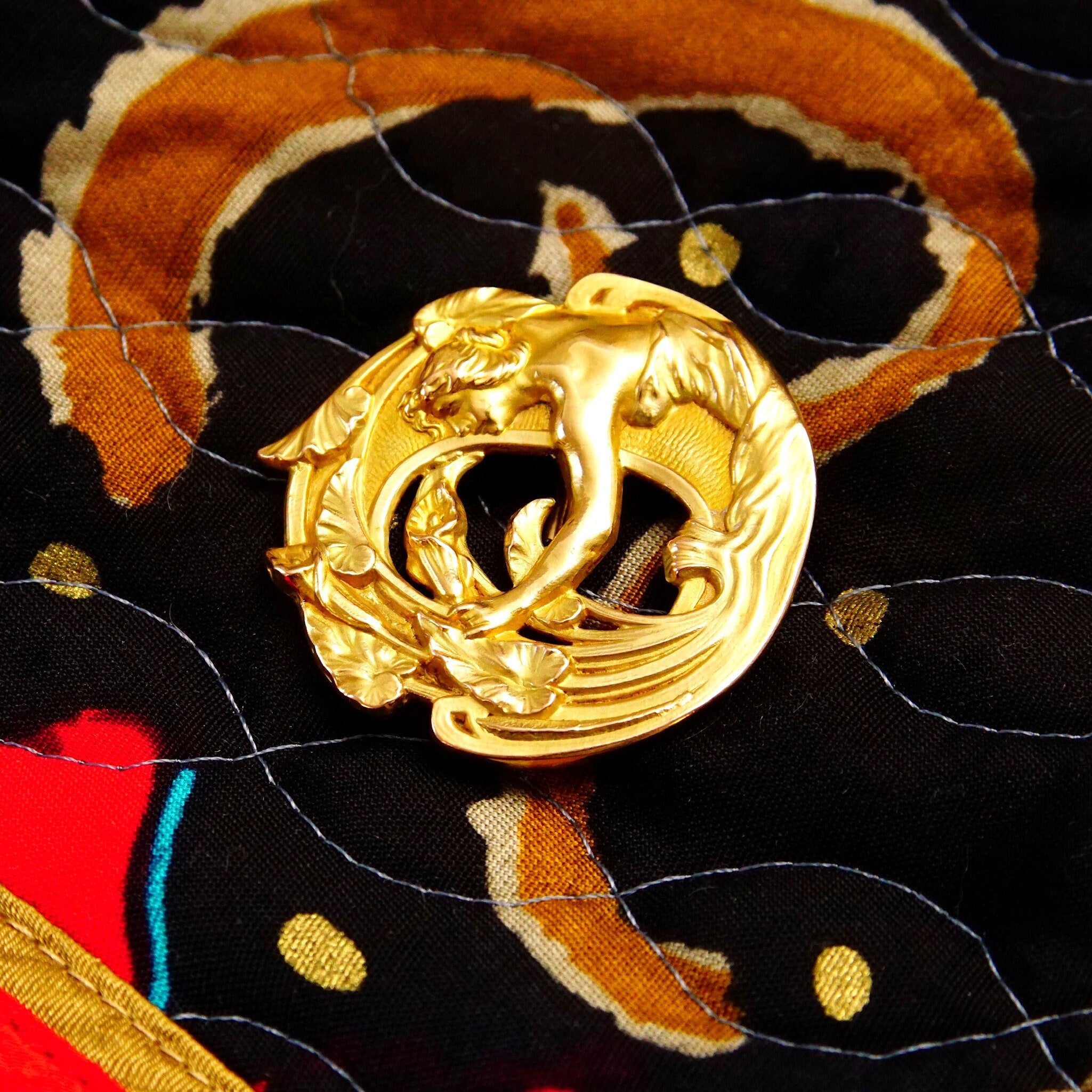 Antique French Art Nouveau 14K Yellow Gold Brooch Pin, Engraved Floral Pin With Angel/Woman Figure, Round Ornate Brooch, 1 3/8"