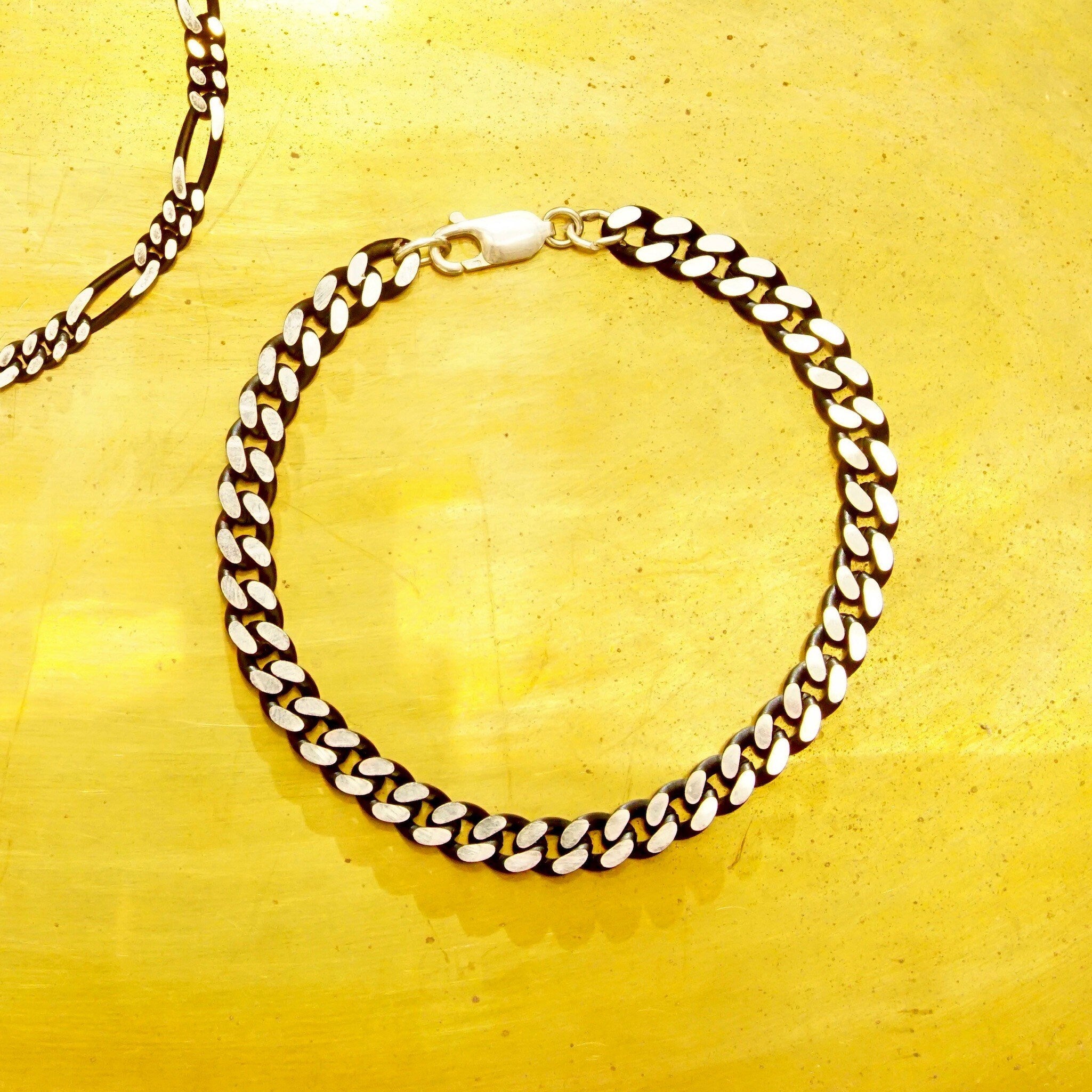 Vintage Black Oxidized & Polished Sterling Silver Chains, 4.75mm Figaro Link Necklace/Bracelet, 6.5mm Curb Link Bracelet, Industrial/Punk,