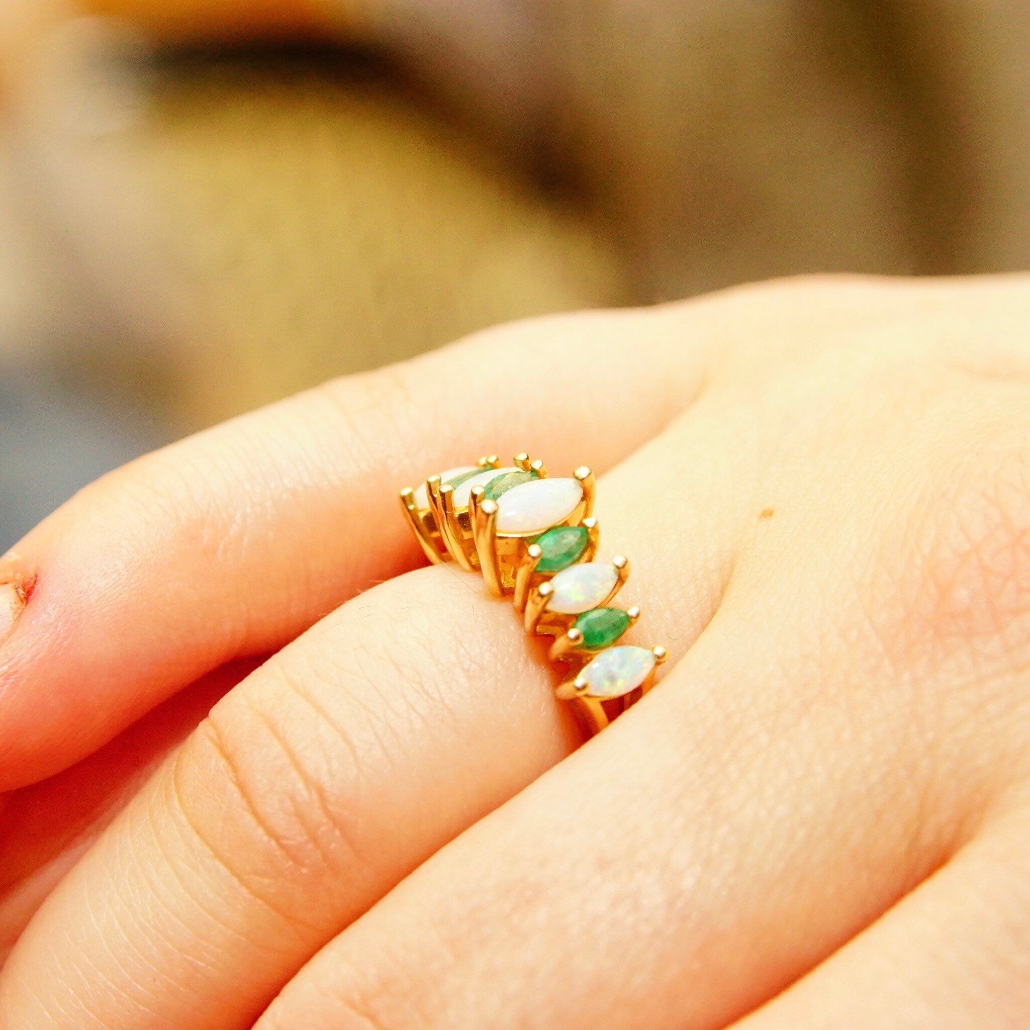 14K Marquise Opal Emerald Eternity Ring, Multi-Stone Cluster Cocktail Ring, Estate Jewelry, Size 6 1/4 US