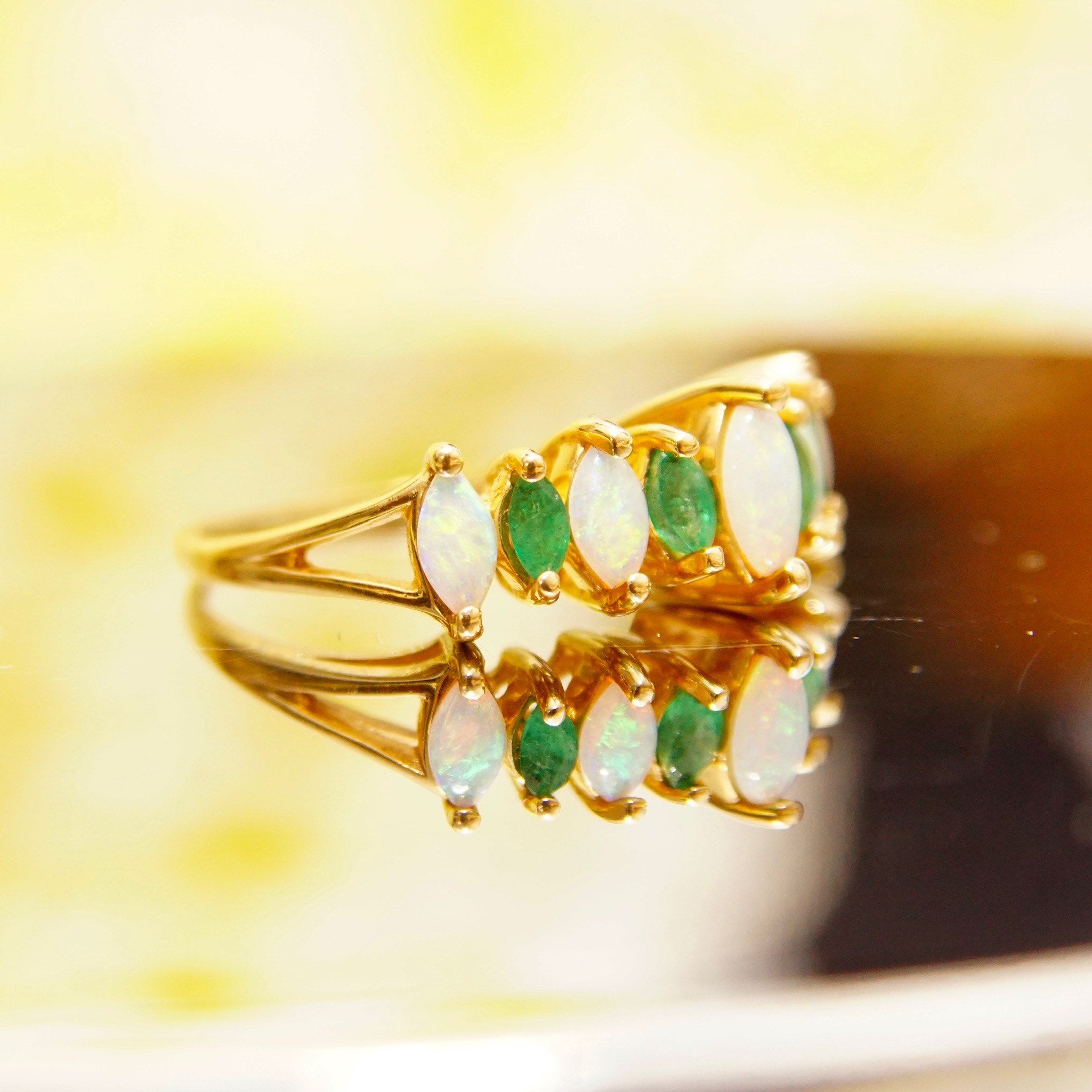 14K Marquise Opal Emerald Eternity Ring, Multi-Stone Cluster Cocktail Ring, Estate Jewelry, Size 6 1/4 US
