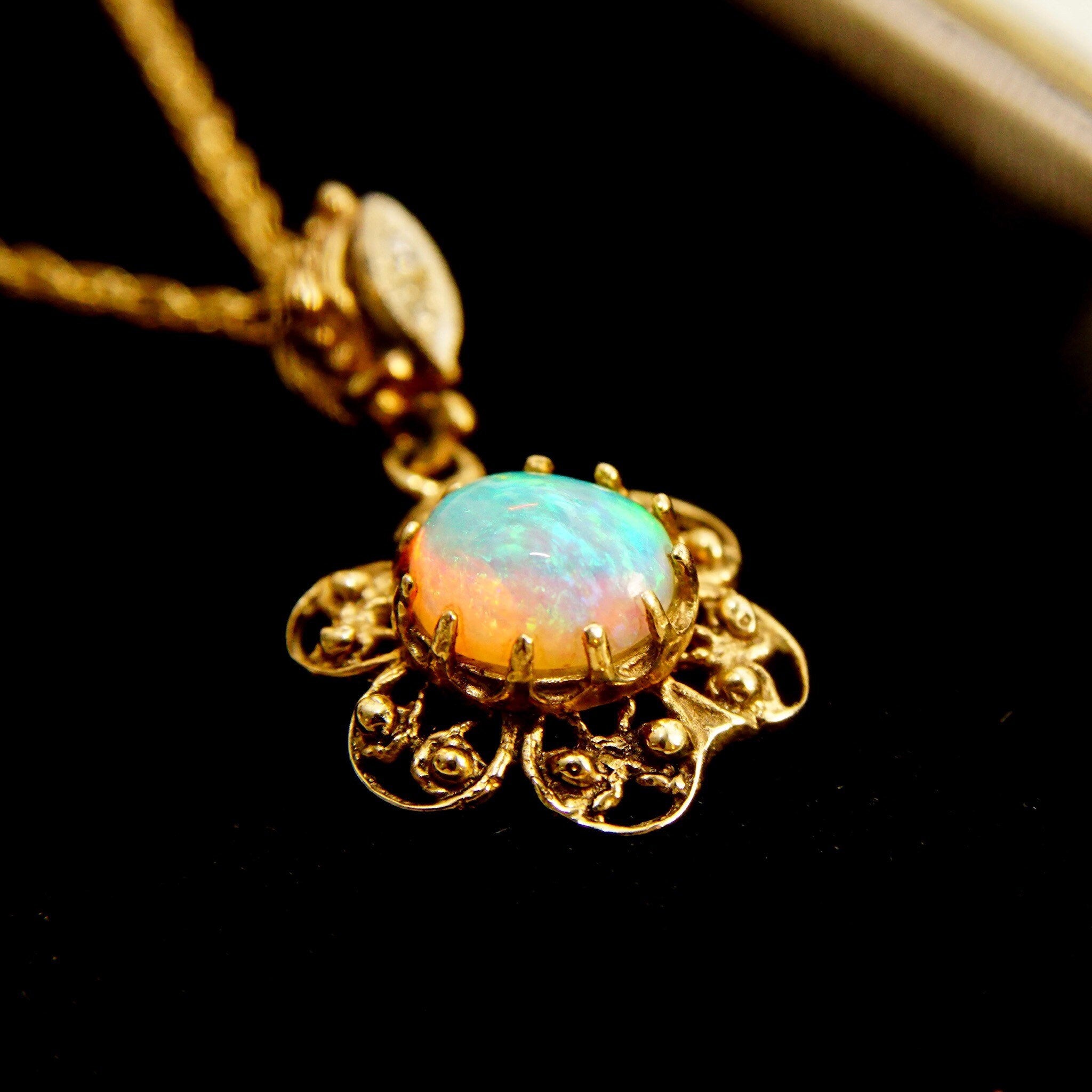 14K Filigree Opal Flower Pendant With 2-Diamond Accent Necklace Bail, Gemstone Cabochon, 1.5mm Loose Rope Chain, 21" L