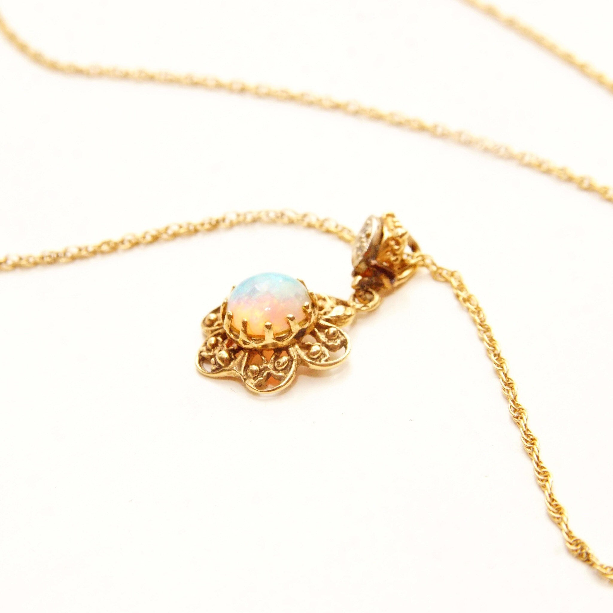 14K Filigree Opal Flower Pendant With 2-Diamond Accent Necklace Bail, Gemstone Cabochon, 1.5mm Loose Rope Chain, 21" L