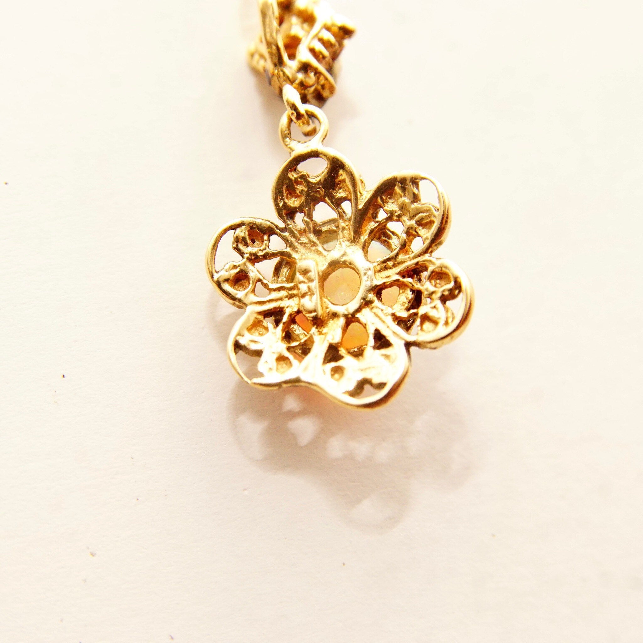 14K Filigree Opal Flower Pendant With 2-Diamond Accent Necklace Bail, Gemstone Cabochon, 1.5mm Loose Rope Chain, 21" L