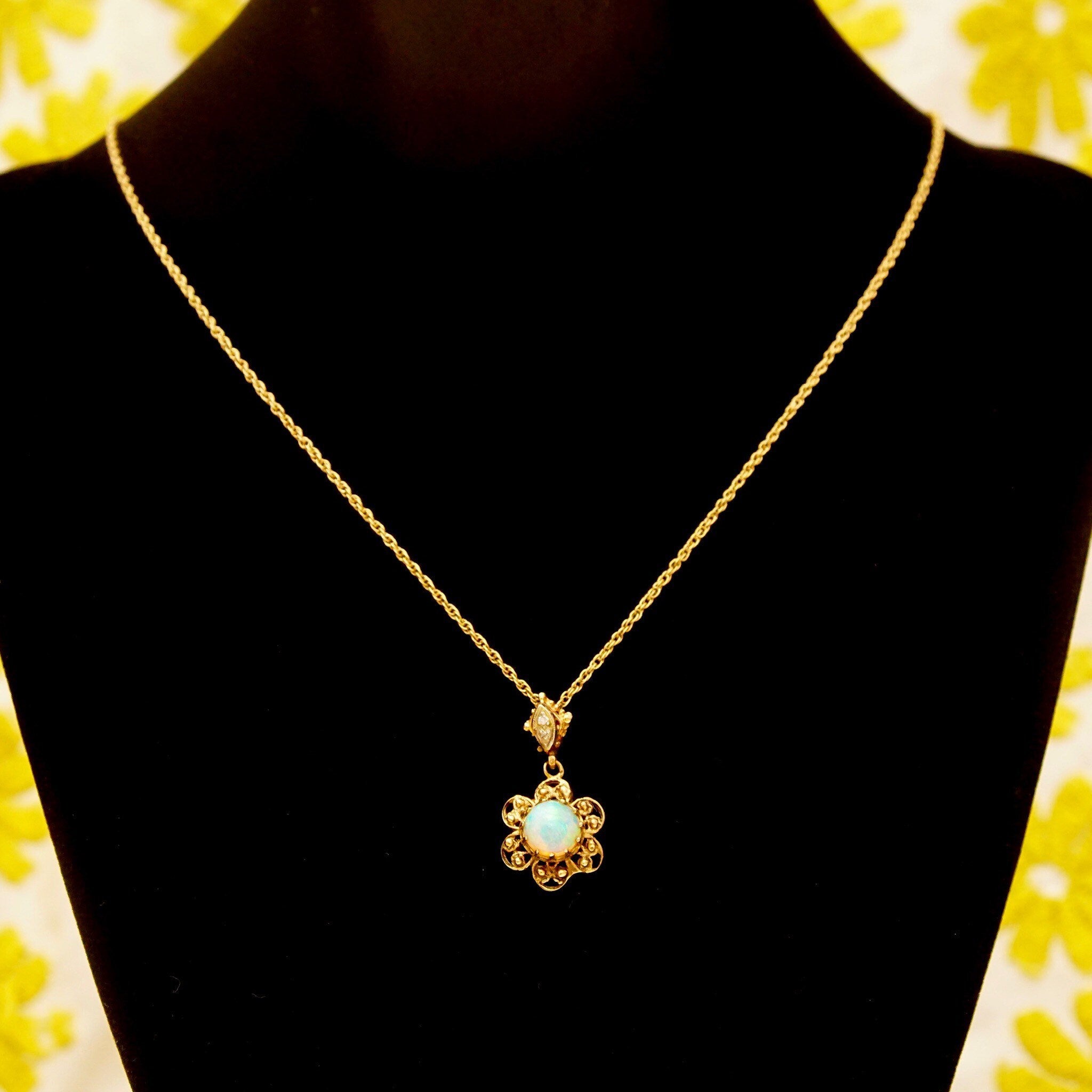 14K Filigree Opal Flower Pendant With 2-Diamond Accent Necklace Bail, Gemstone Cabochon, 1.5mm Loose Rope Chain, 21" L