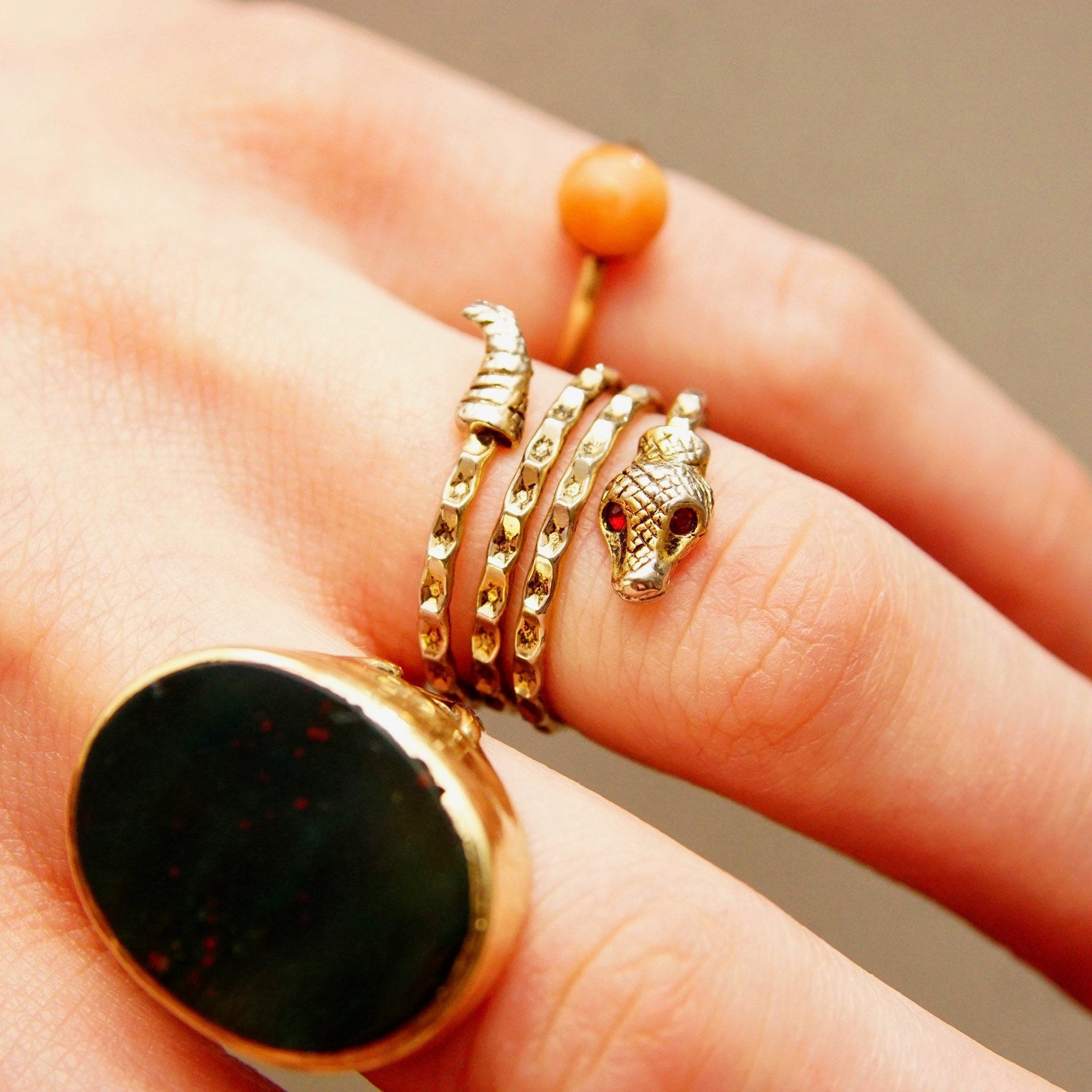 Vintage Two-Tone Sterling Silver Snake Coil Ring, Diamond-Cut, Gold Accents, Red Jeweled Eyes, Bohemian Ring, Adjustable, Size 5-10 US